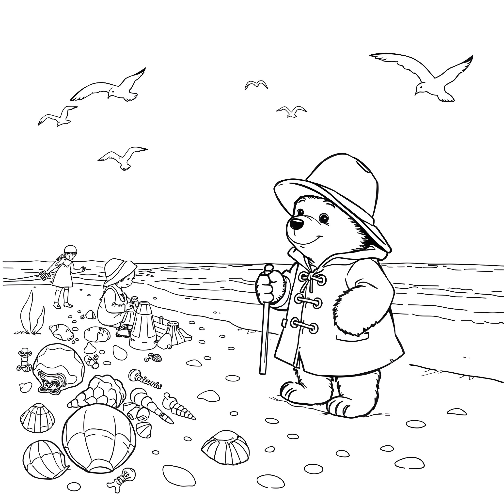 Paddington's Beach Adventure Coloring Page (free black-and-white line drawing printable PDF for all, from beginners to advanced learners, including children, teens, adults, and seniors)