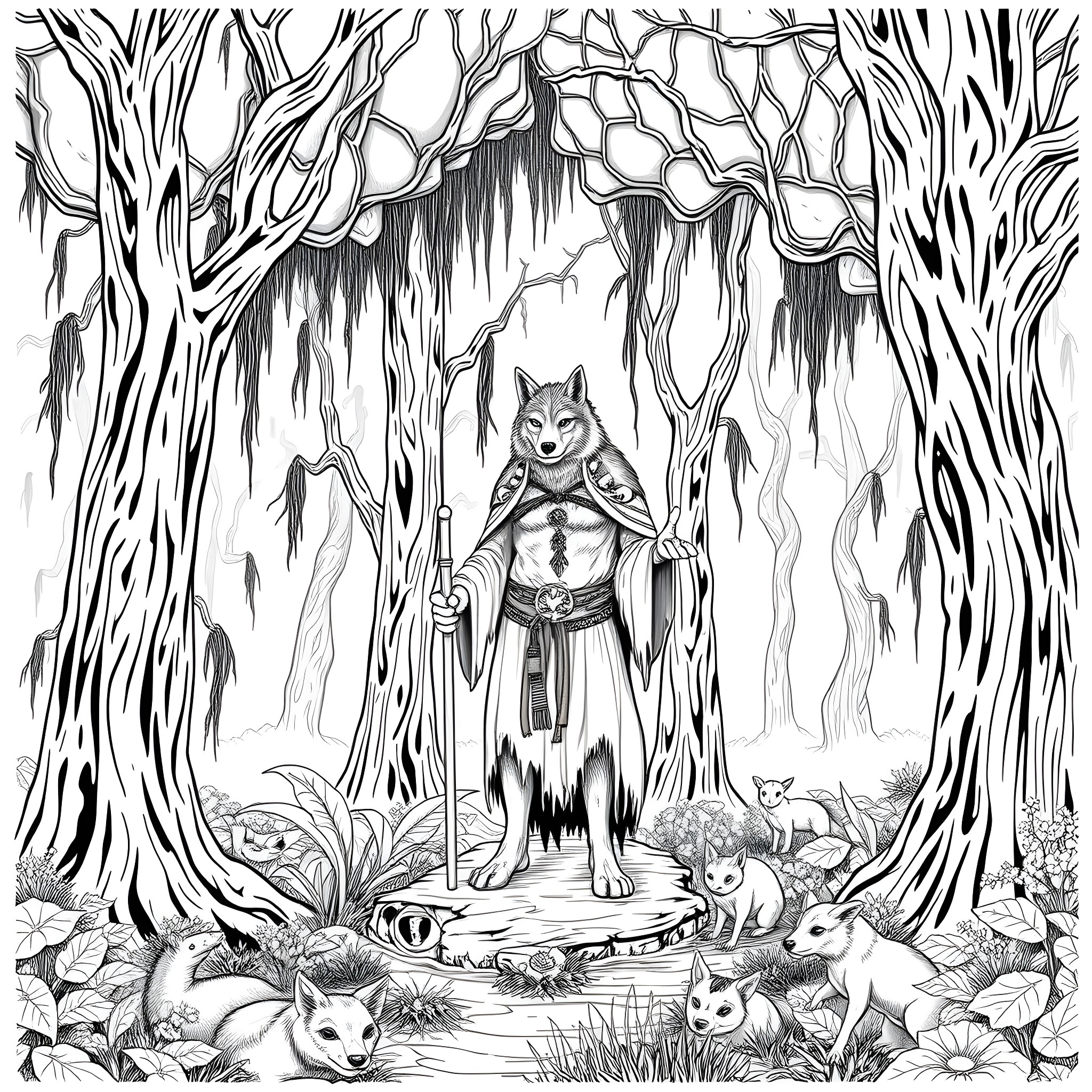 Werewolf guardian in the enchanted forest Coloring Page (free black-and-white line drawing printable PDF for all, from beginners to advanced learners, including children, teens, adults, and seniors)