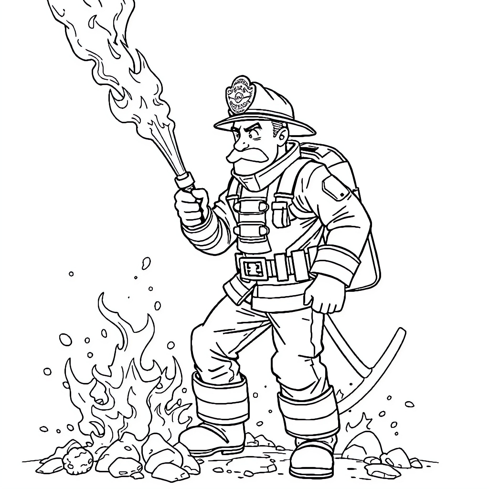 Firefighter battling flames with determination Coloring Page (free black-and-white line drawing printable PDF for all, from beginners to advanced learners, including children, teens, adults, and seniors)