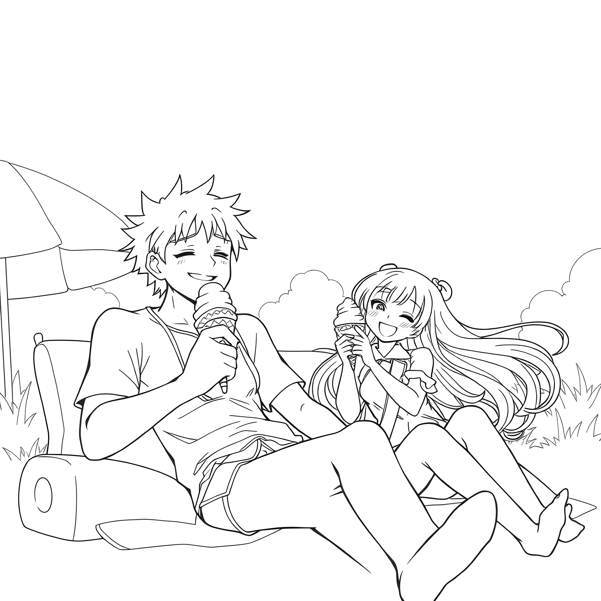 Gojo and companion enjoying a summer day Coloring Page (free black-and-white line drawing printable PDF for all, from beginners to advanced learners, including children, teens, adults, and seniors)