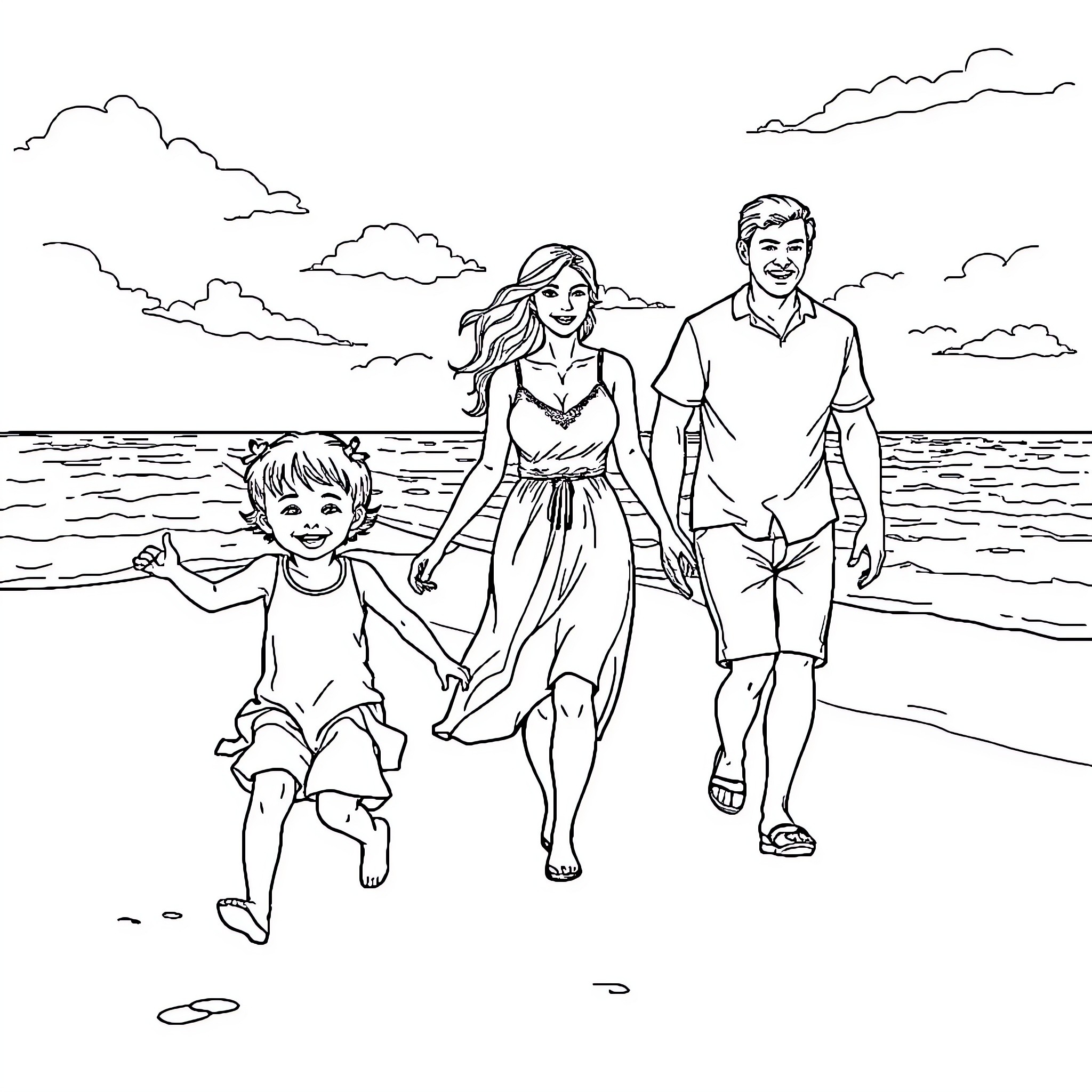 Child playing joyfully with family on the beach Coloring Page (free black-and-white line drawing printable PDF for all, from beginners to advanced learners, including children, teens, adults, and seniors)