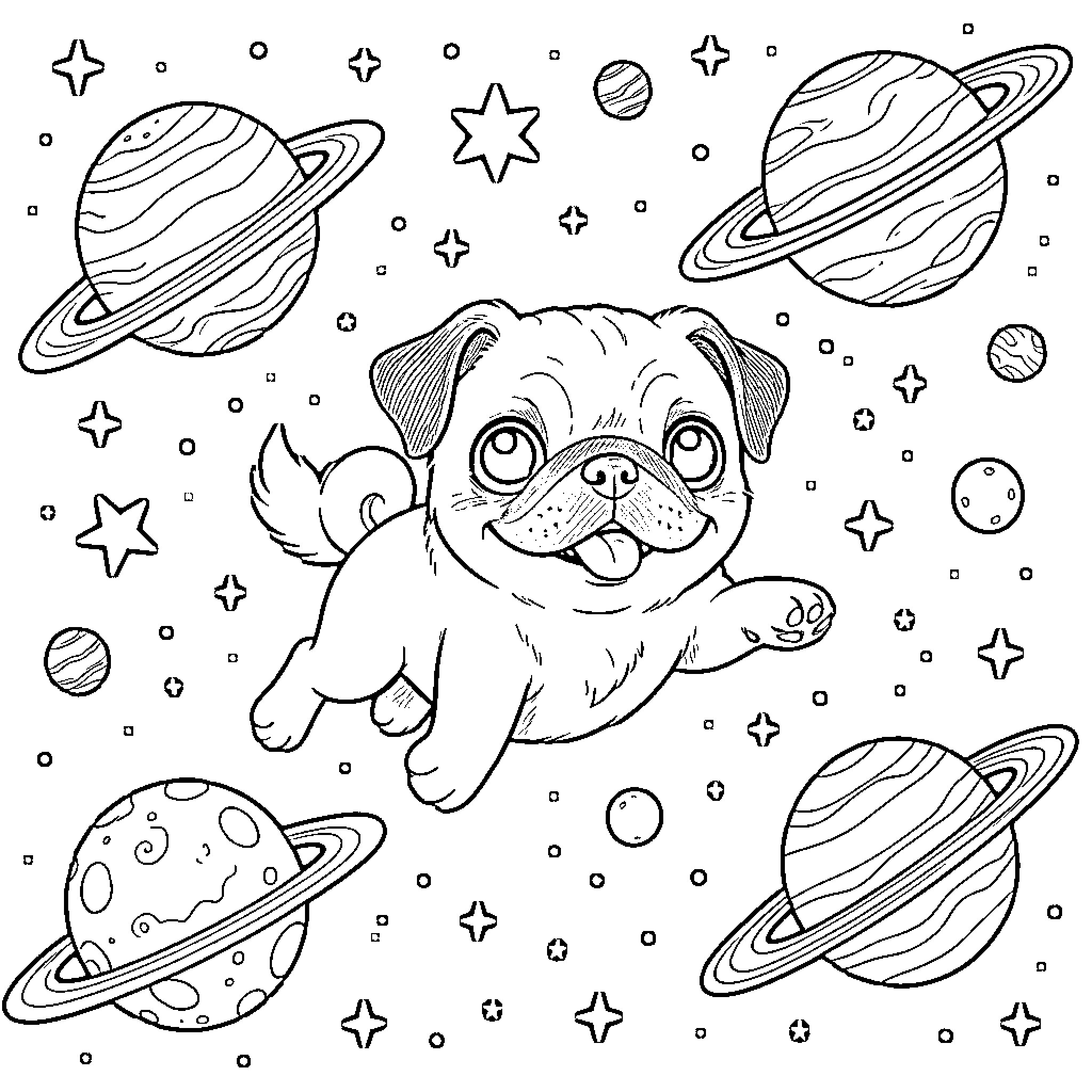 Pug exploring the cosmic universe Coloring Page (free black-and-white line drawing printable PDF for all, from beginners to advanced learners, including children, teens, adults, and seniors)