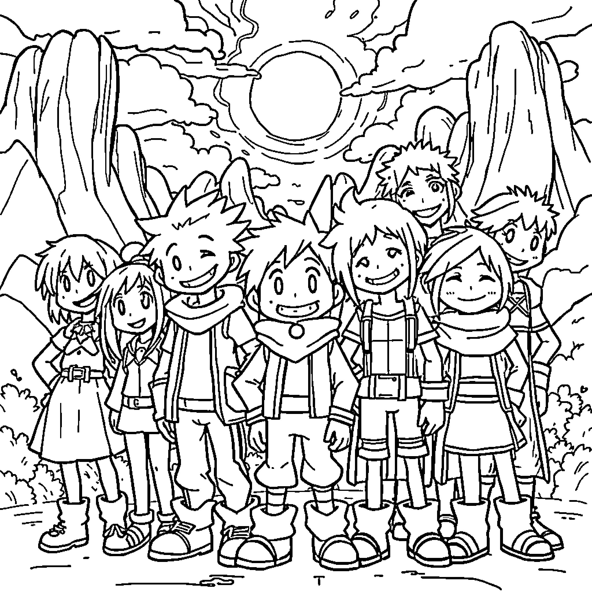 Undertale Characters in Adventurous Landscape Coloring Page (free black-and-white line drawing printable PDF for all, from beginners to advanced learners, including children, teens, adults, and seniors)