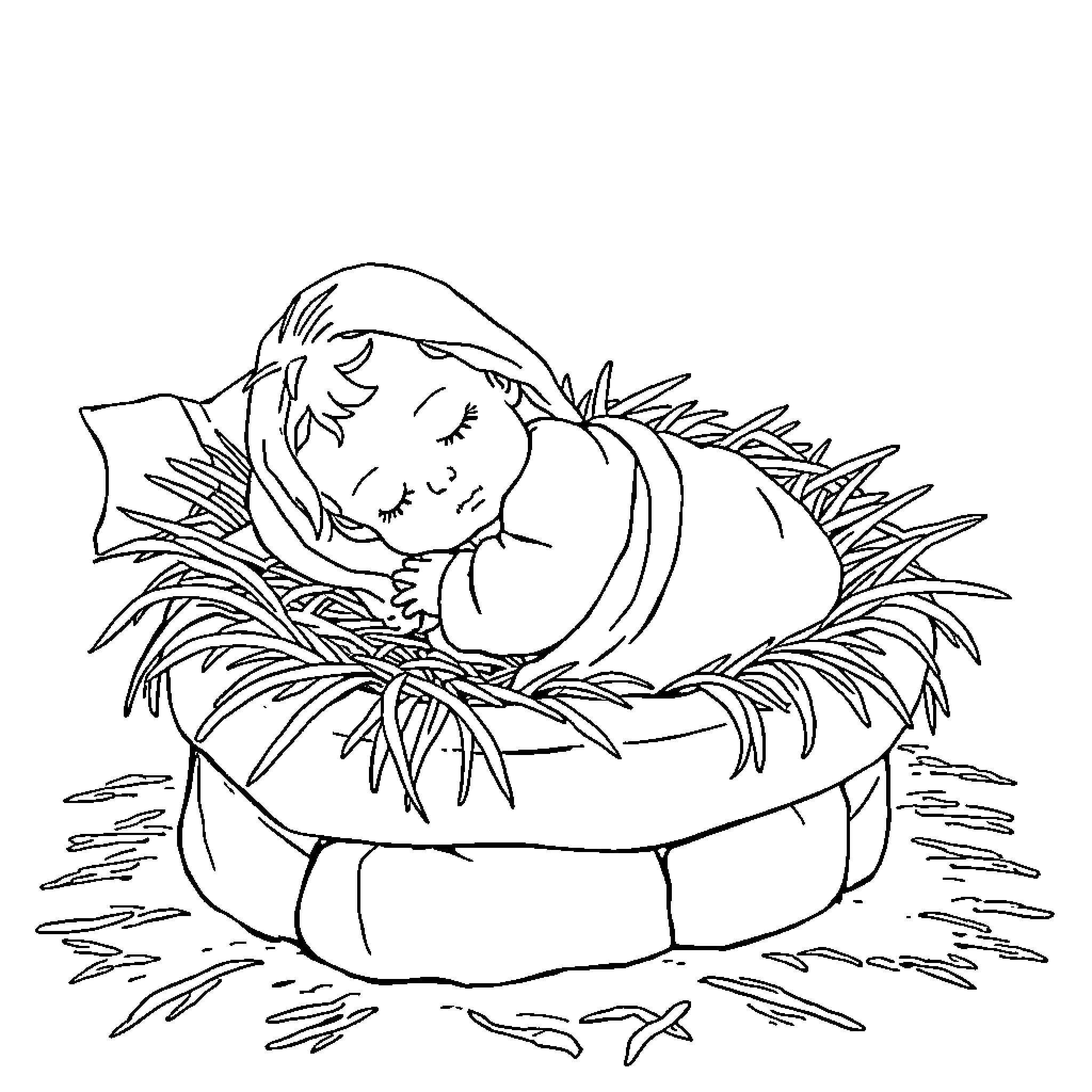 Baby Jesus sleeping peacefully in the manger Coloring Page (free black-and-white line drawing printable PDF for all, from beginners to advanced learners, including children, teens, adults, and seniors)