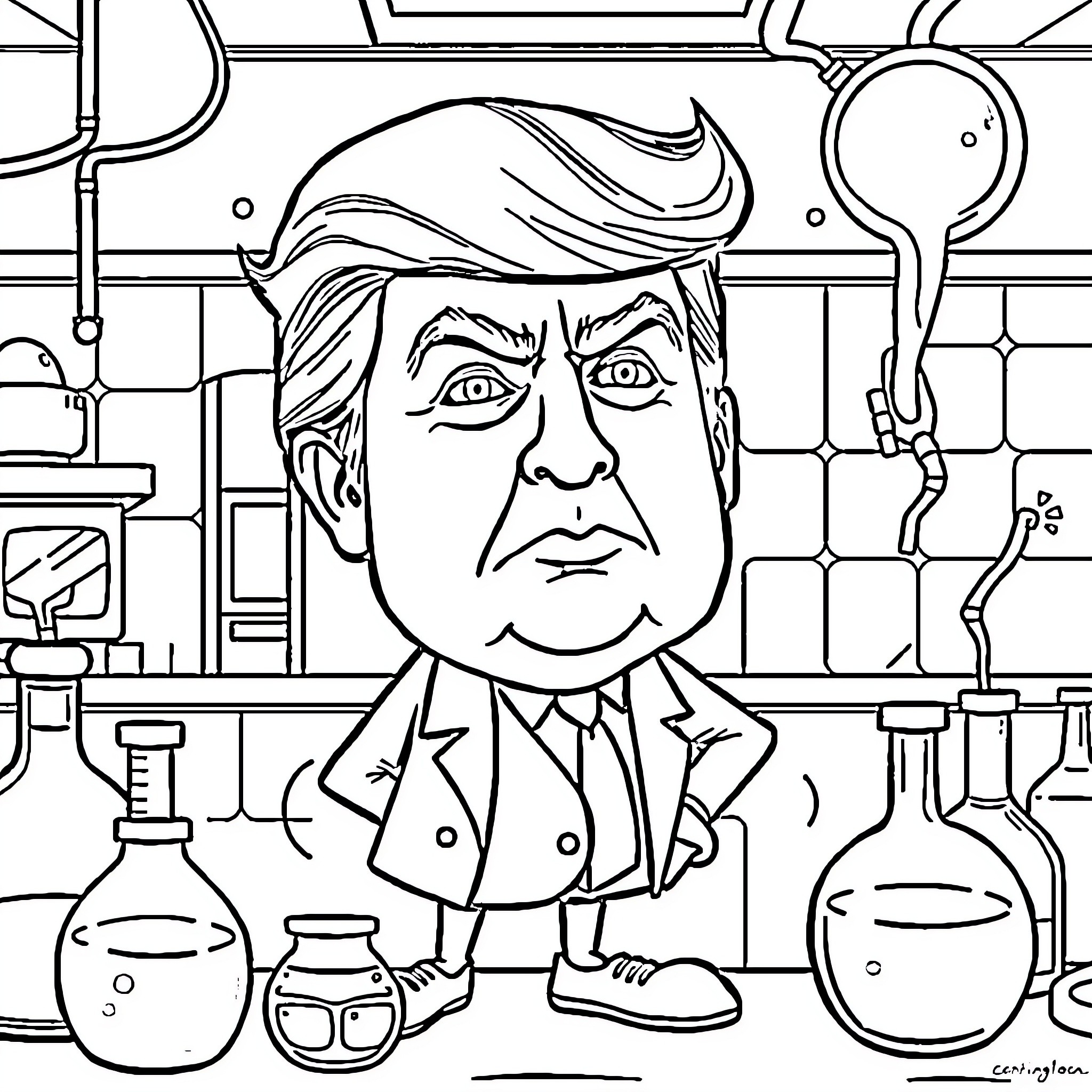 Donald Trump as a Caricature in a Laboratory Setting Coloring Page (free black-and-white line drawing printable PDF for all, from beginners to advanced learners, including children, teens, adults, and seniors)