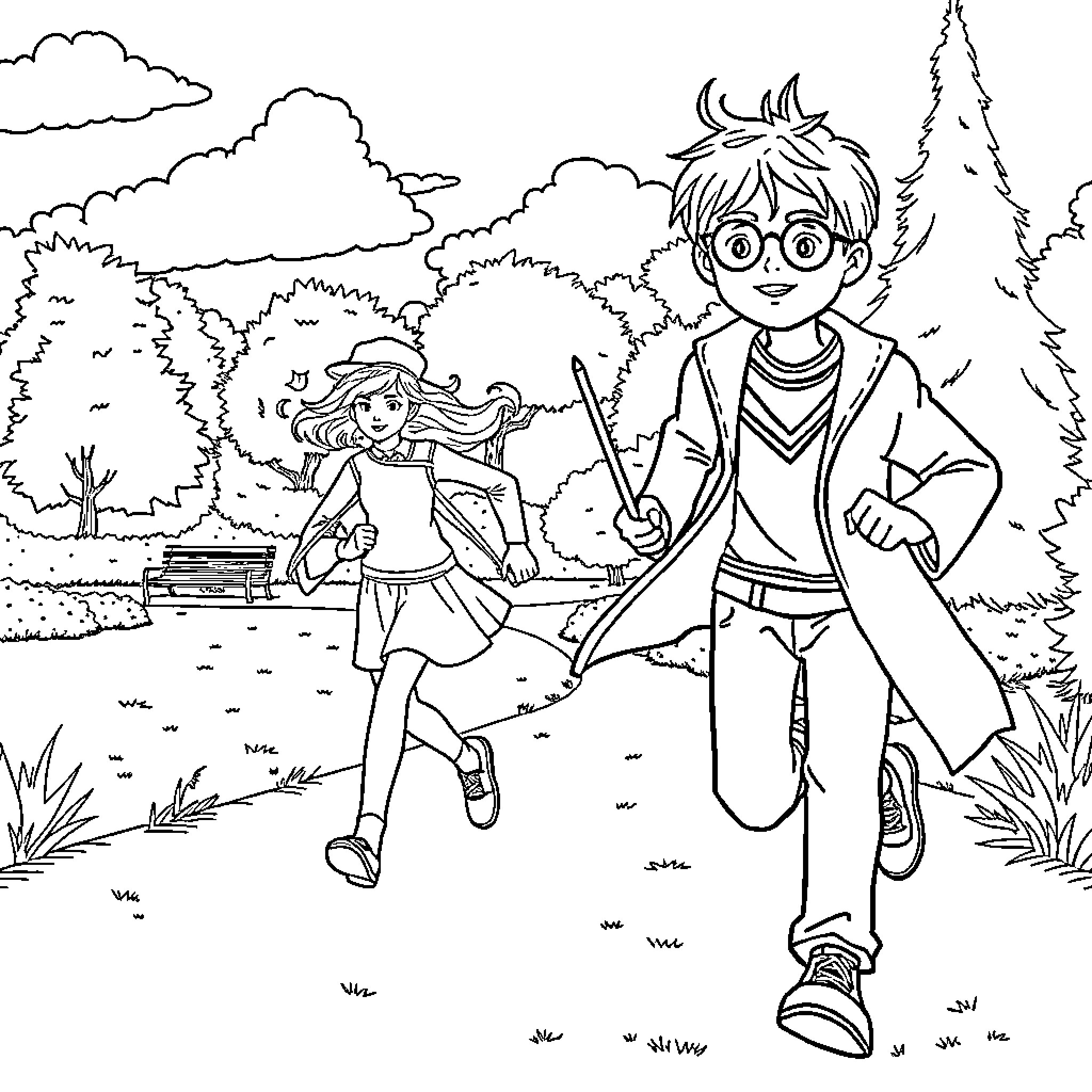 Hermione Granger and Harry Potter in a magical outdoor adventure Coloring Page (free black-and-white line drawing printable PDF for all, from beginners to advanced learners, including children, teens, adults, and seniors)