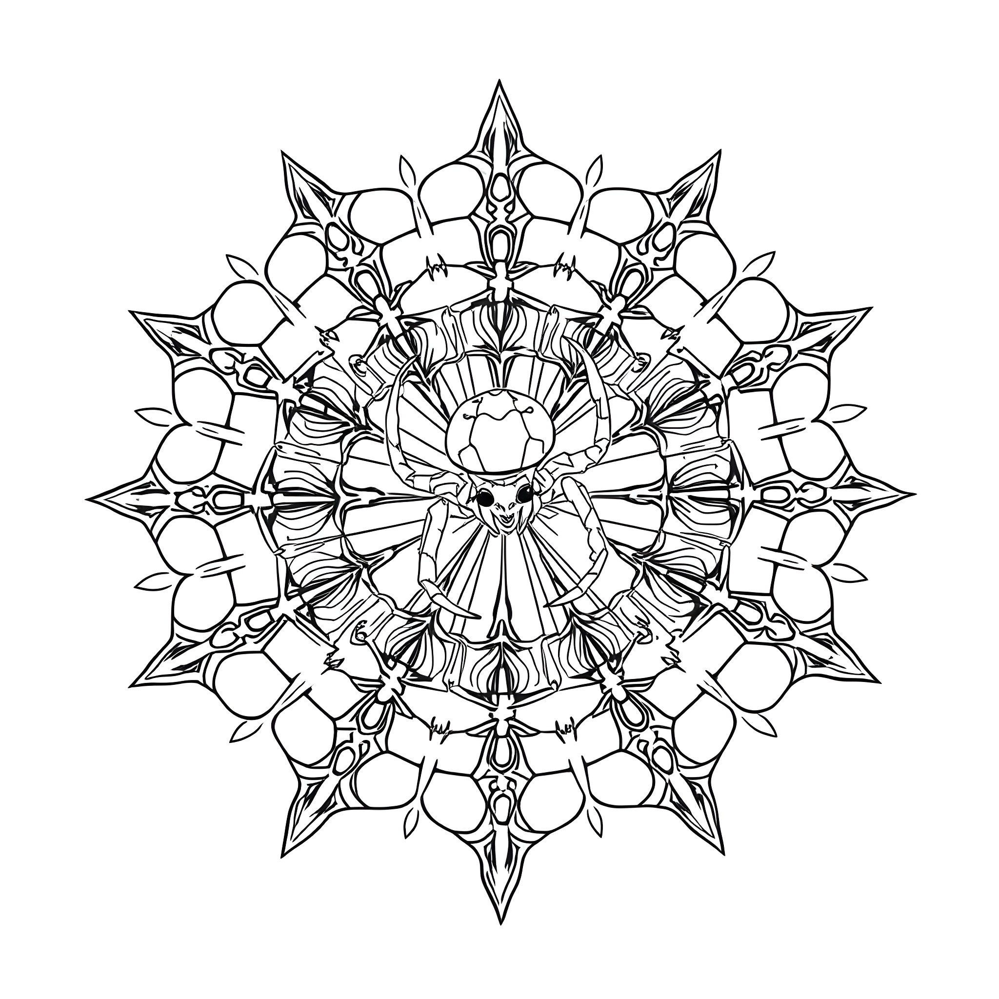 Spider-like abstract mandala pattern Coloring Page (free black-and-white line drawing printable PDF for all, from beginners to advanced learners, including children, teens, adults, and seniors)
