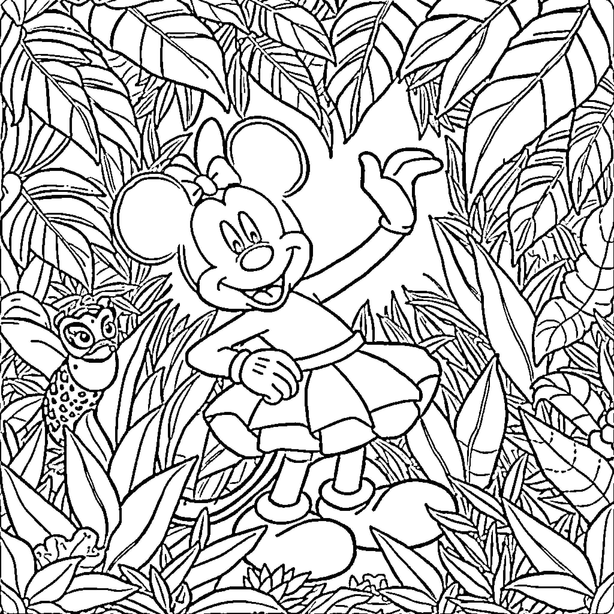 Mickey exploring the lush jungle Coloring Page (free black-and-white line drawing printable PDF for all, from beginners to advanced learners, including children, teens, adults, and seniors)