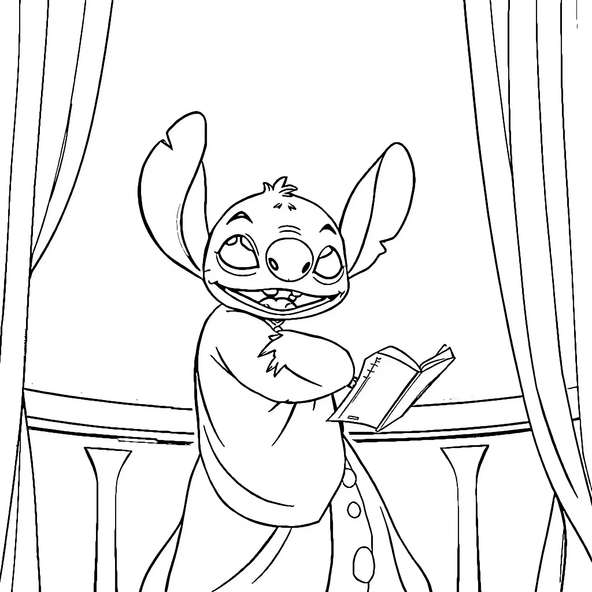 Stitch enjoying a book on stage Coloring Page (free black-and-white line drawing printable PDF for all, from beginners to advanced learners, including children, teens, adults, and seniors)