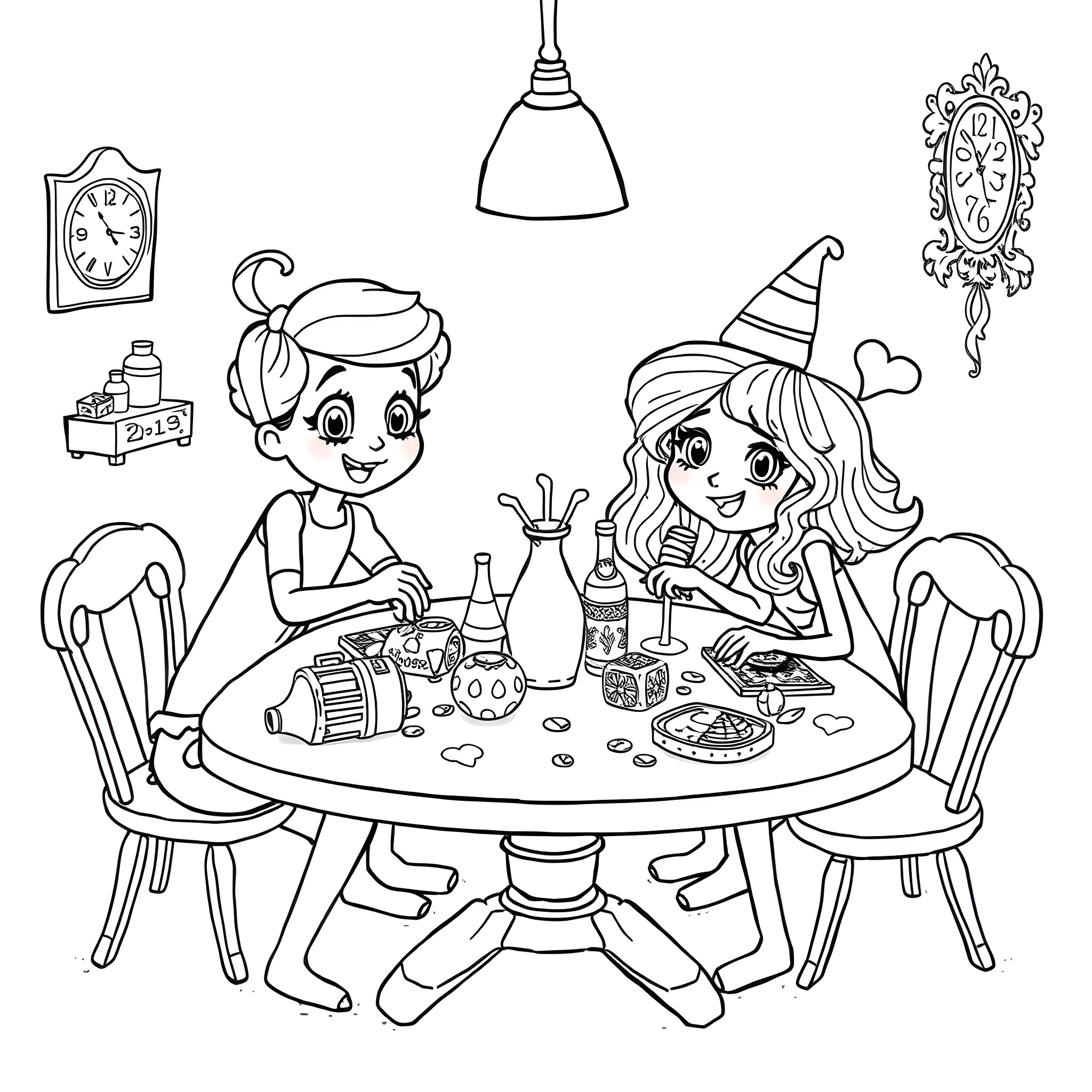 Meepla's Celebration Party Coloring Page (free black-and-white line drawing printable PDF for all, from beginners to advanced learners, including children, teens, adults, and seniors)