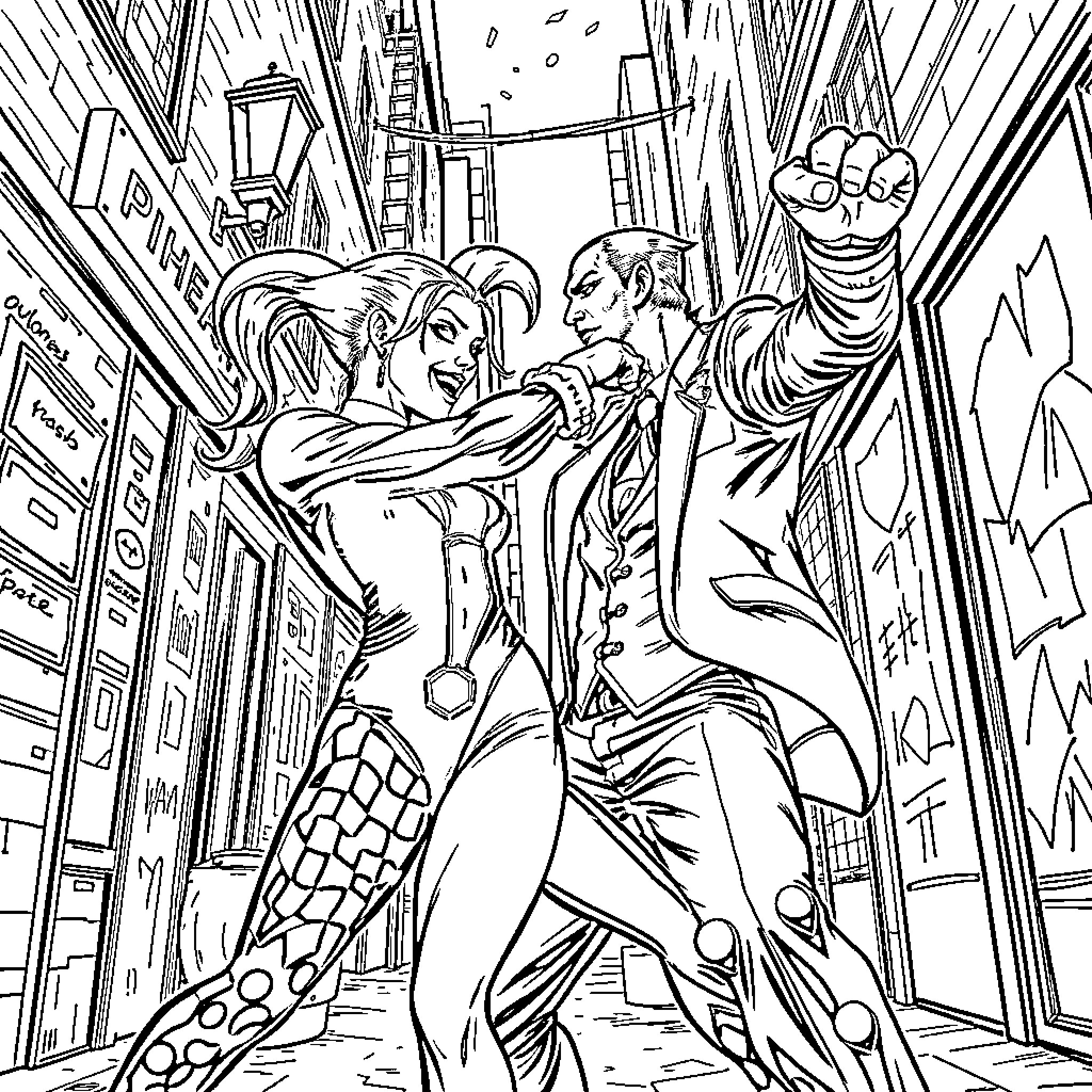 Harley Quinn and the Joker in an intense confrontation Coloring Page (free black-and-white line drawing printable PDF for all, from beginners to advanced learners, including children, teens, adults, and seniors)