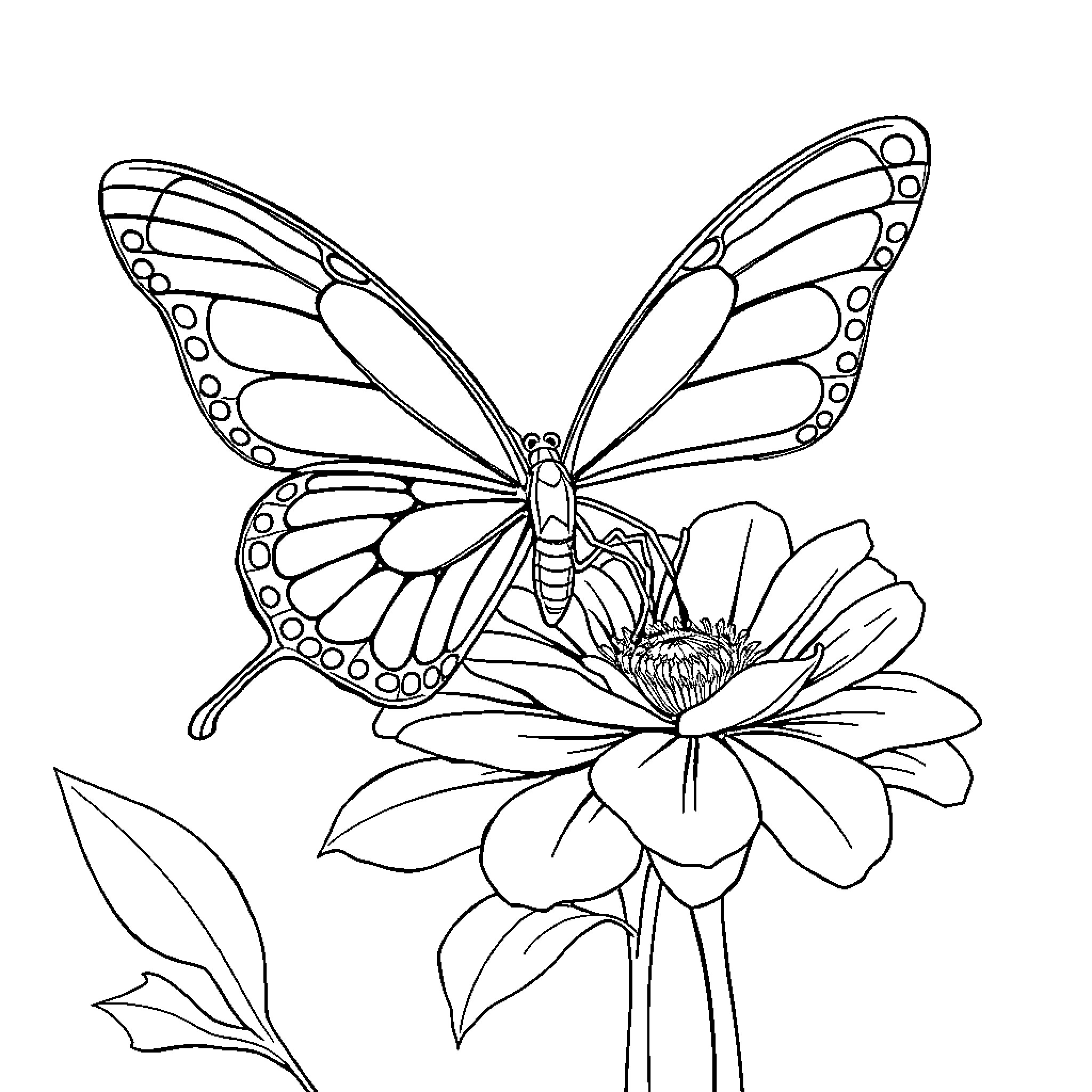 Butterfly resting on a flower Coloring Page (free black-and-white line drawing printable PDF for all, from beginners to advanced learners, including children, teens, adults, and seniors)