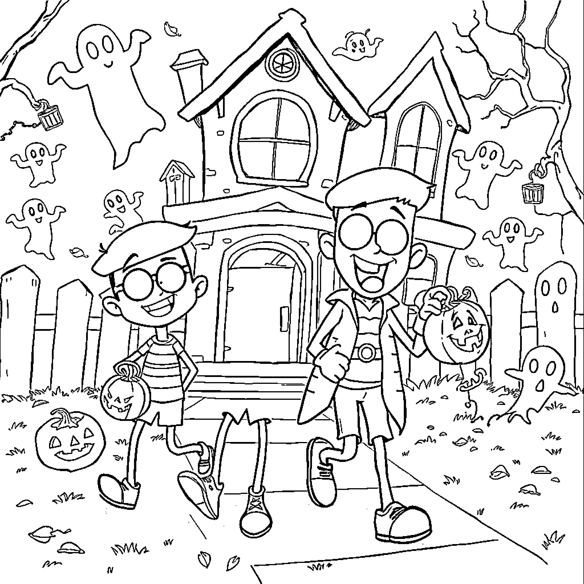 Phineas and Ferb's Halloween adventure Coloring Page (free black-and-white line drawing printable PDF for all, from beginners to advanced learners, including children, teens, adults, and seniors)