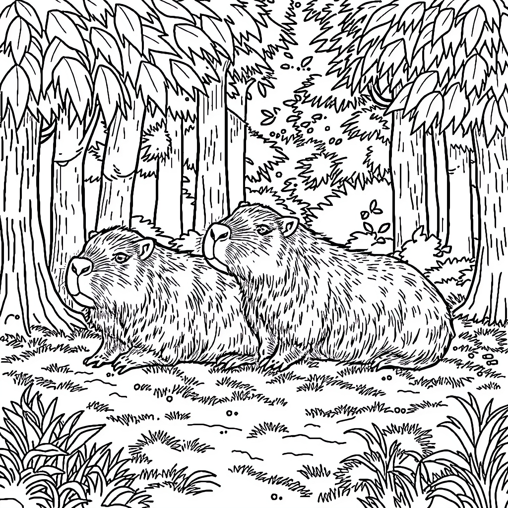 Capybara relaxing in lush forest Coloring Page (free black-and-white line drawing printable PDF for all, from beginners to advanced learners, including children, teens, adults, and seniors)