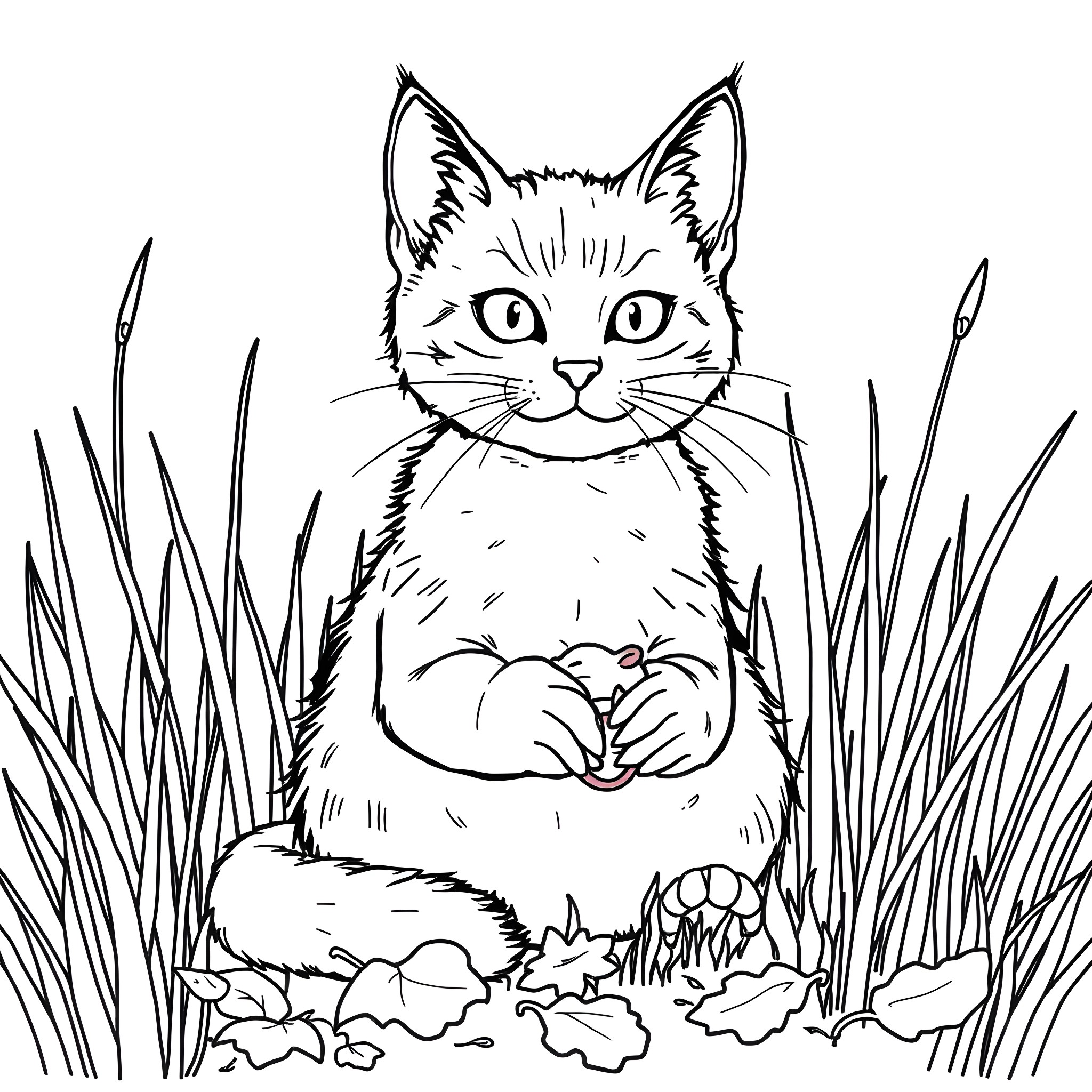 Cat sitting in tall grass Coloring Page (free black-and-white line drawing printable PDF for all, from beginners to advanced learners, including children, teens, adults, and seniors)