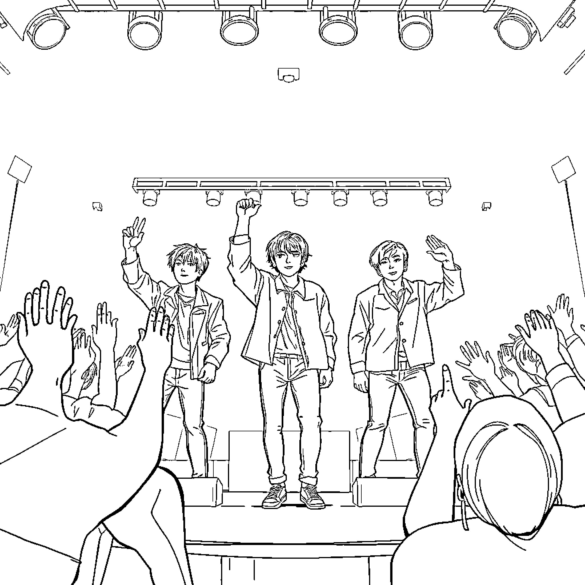 Enhypen Performing on Stage with Enthusiastic Audience Coloring Page (free black-and-white line drawing printable PDF for all, from beginners to advanced learners, including children, teens, adults, and seniors)