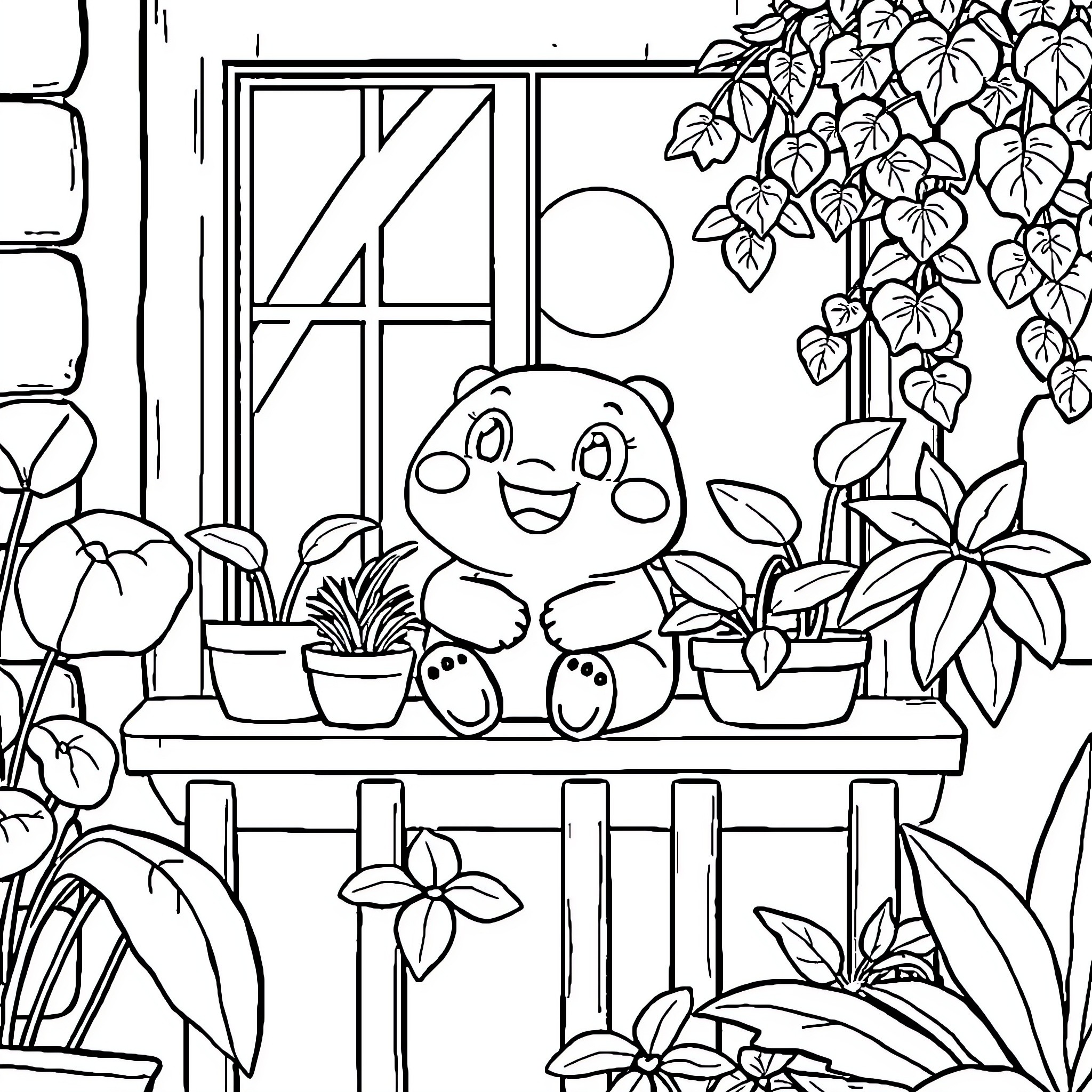 Tokaboka: Adorable Creature in Lush Botanical Setting Coloring Page (free black-and-white line drawing printable PDF for all, from beginners to advanced learners, including children, teens, adults, and seniors)
