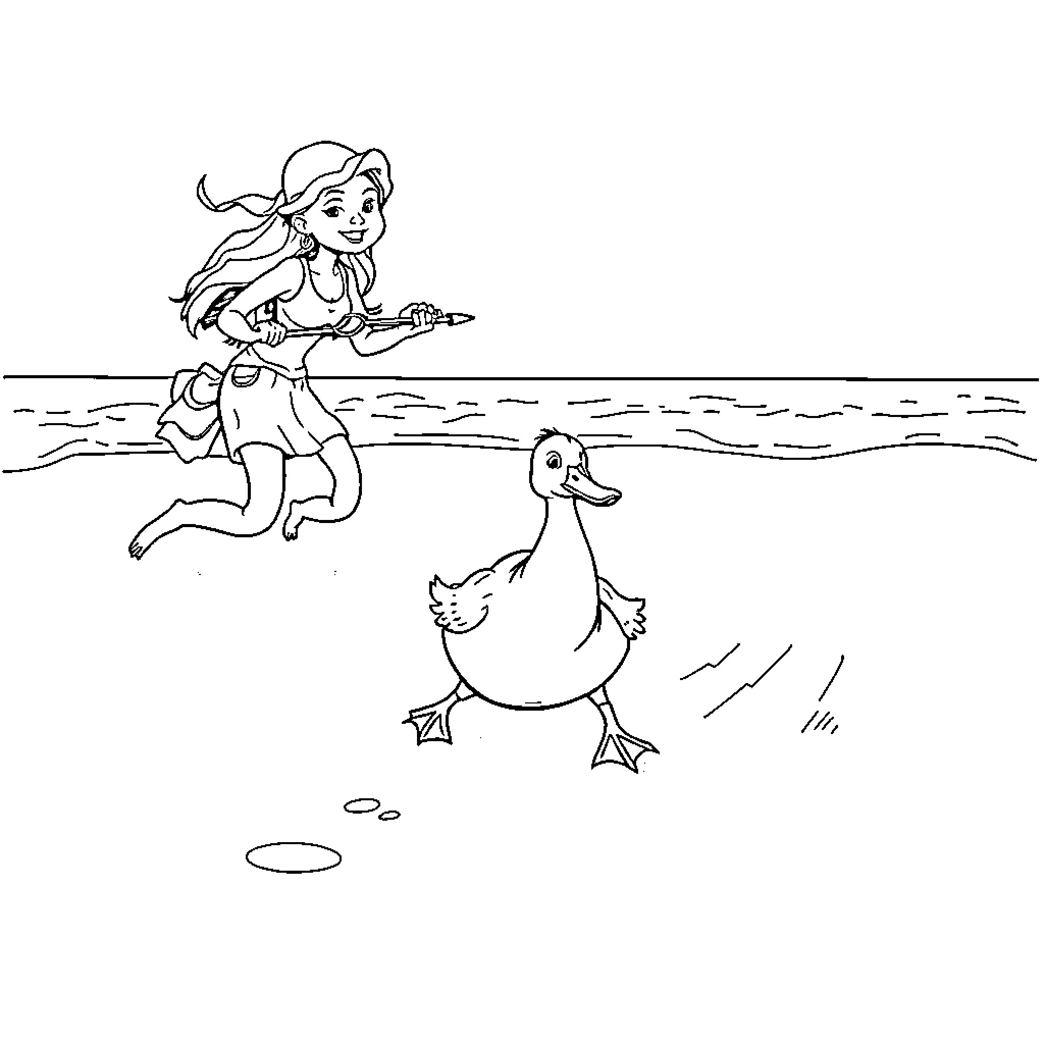 Duck chasing a girl in the water Coloring Page (free black-and-white line drawing printable PDF for all, from beginners to advanced learners, including children, teens, adults, and seniors)