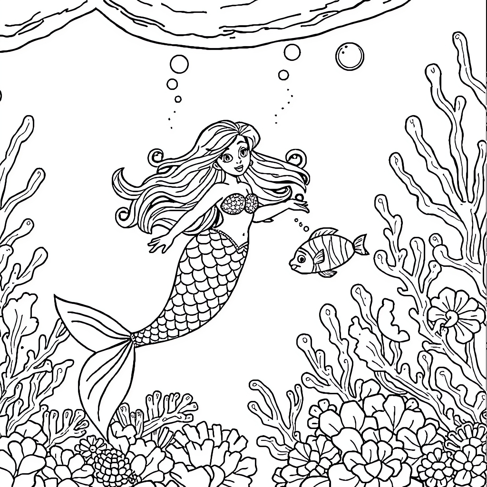 Mermaid exploring vibrant coral reef with marine life Coloring Page (free black-and-white line drawing printable PDF for all, from beginners to advanced learners, including children, teens, adults, and seniors)