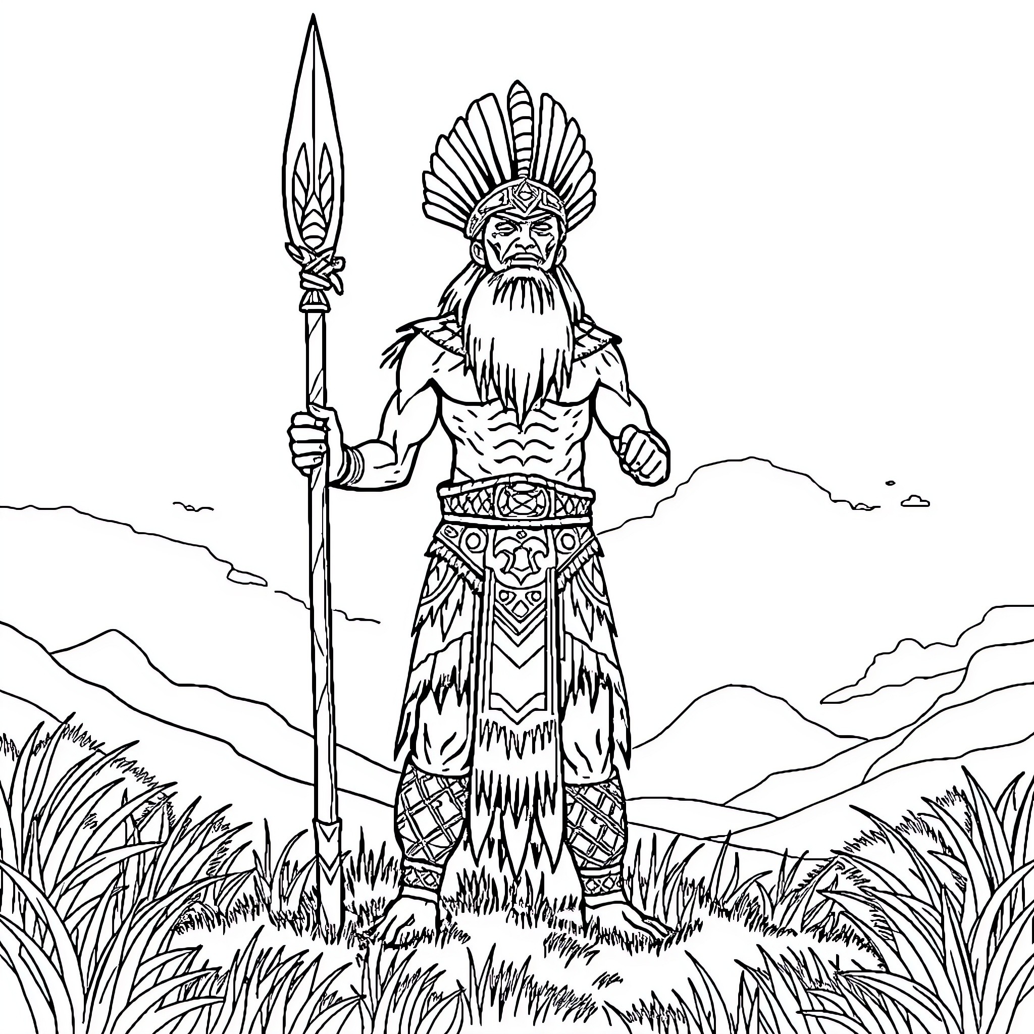 Maori Warrior Standing Tall with Spear Coloring Page (free black-and-white line drawing printable PDF for all, from beginners to advanced learners, including children, teens, adults, and seniors)