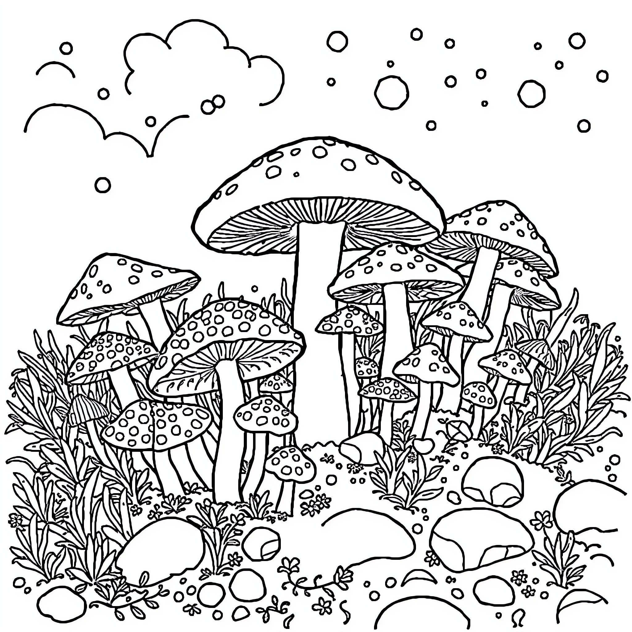 Mushroom forest with whimsical fungi Coloring Page (free black-and-white line drawing printable PDF for all, from beginners to advanced learners, including children, teens, adults, and seniors)