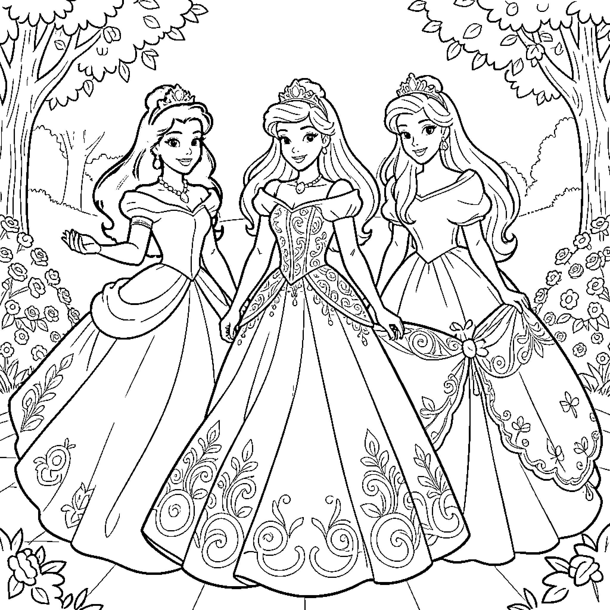 Disney Princesses standing elegantly in a garden Coloring Page (free black-and-white line drawing printable PDF for all, from beginners to advanced learners, including children, teens, adults, and seniors)