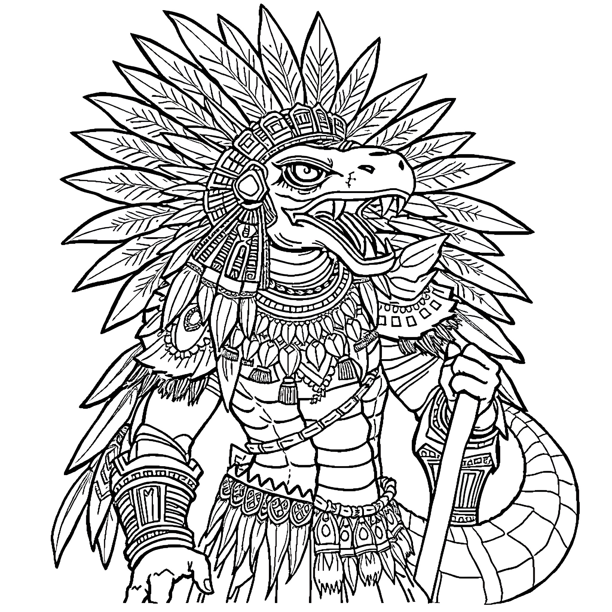 Serpent warrior in ceremonial regalia Coloring Page (free black-and-white line drawing printable PDF for all, from beginners to advanced learners, including children, teens, adults, and seniors)
