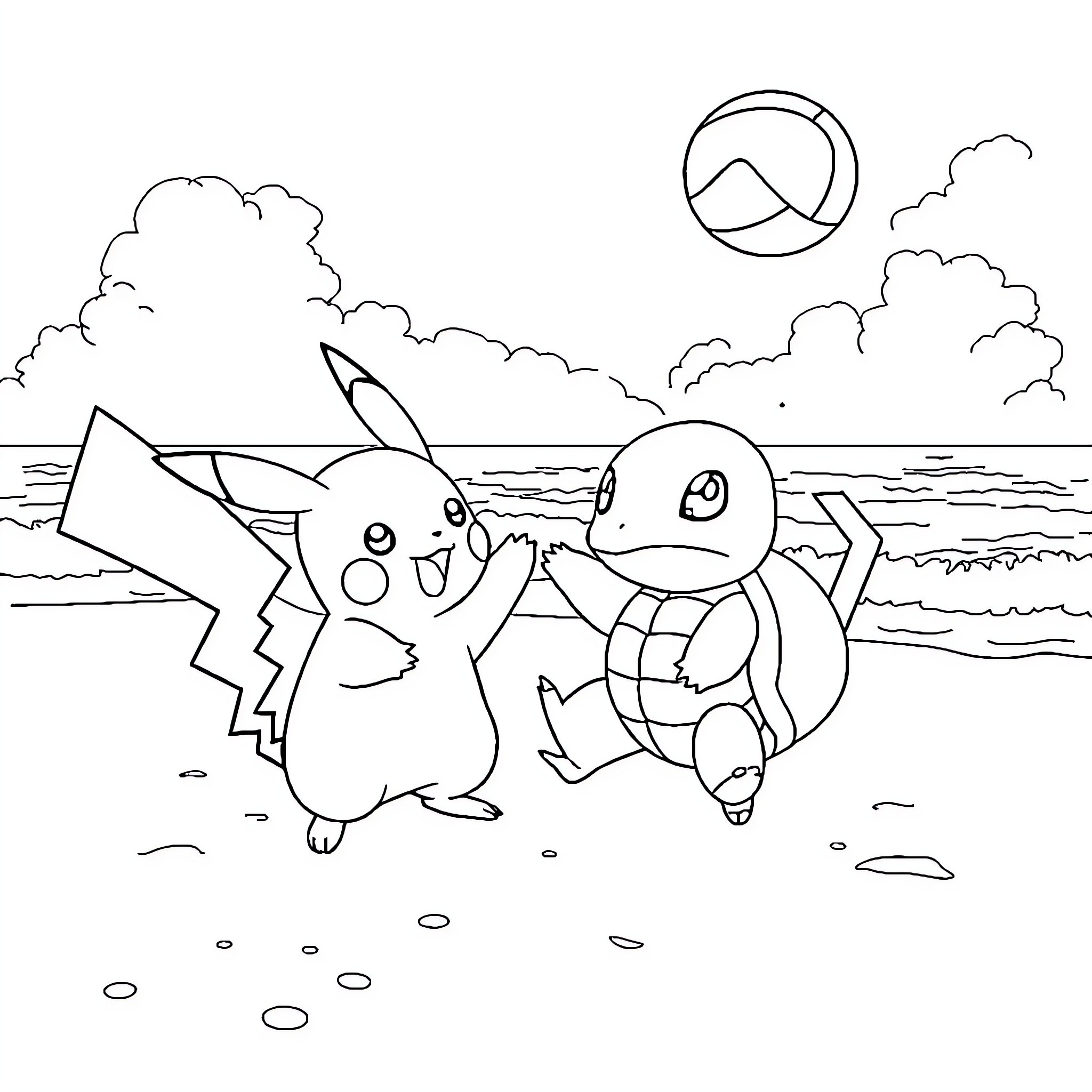 Pikachu playing with Squirtle on the beach Coloring Page (free black-and-white line drawing printable PDF for all, from beginners to advanced learners, including children, teens, adults, and seniors)