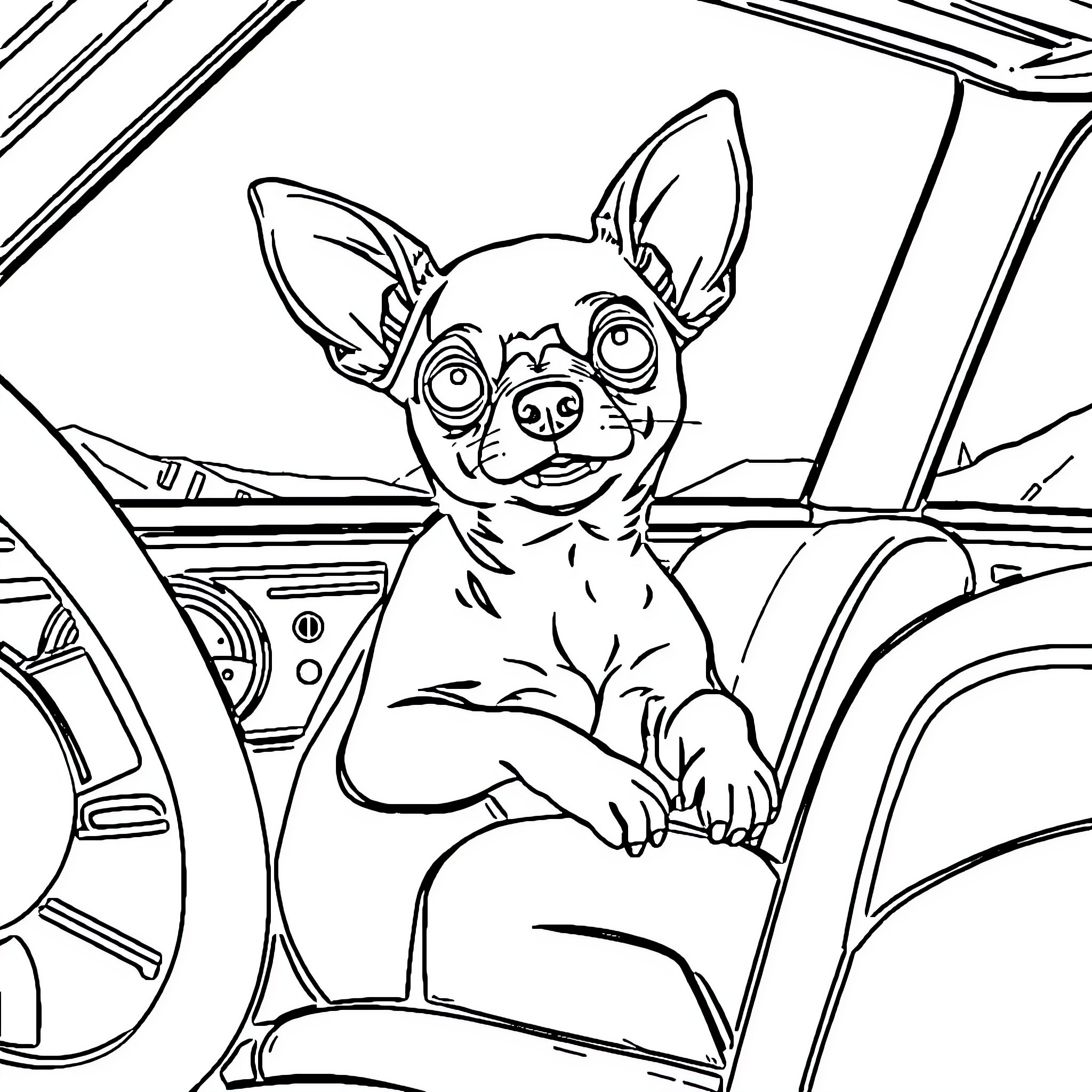 Chihuahua sitting in a car Coloring Page (free black-and-white line drawing printable PDF for all, from beginners to advanced learners, including children, teens, adults, and seniors)