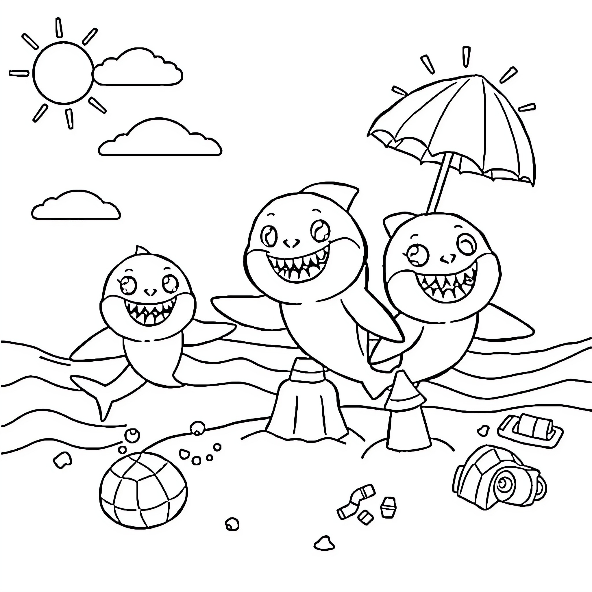Baby Shark playing happily on the beach Coloring Page (free black-and-white line drawing printable PDF for all, from beginners to advanced learners, including children, teens, adults, and seniors)