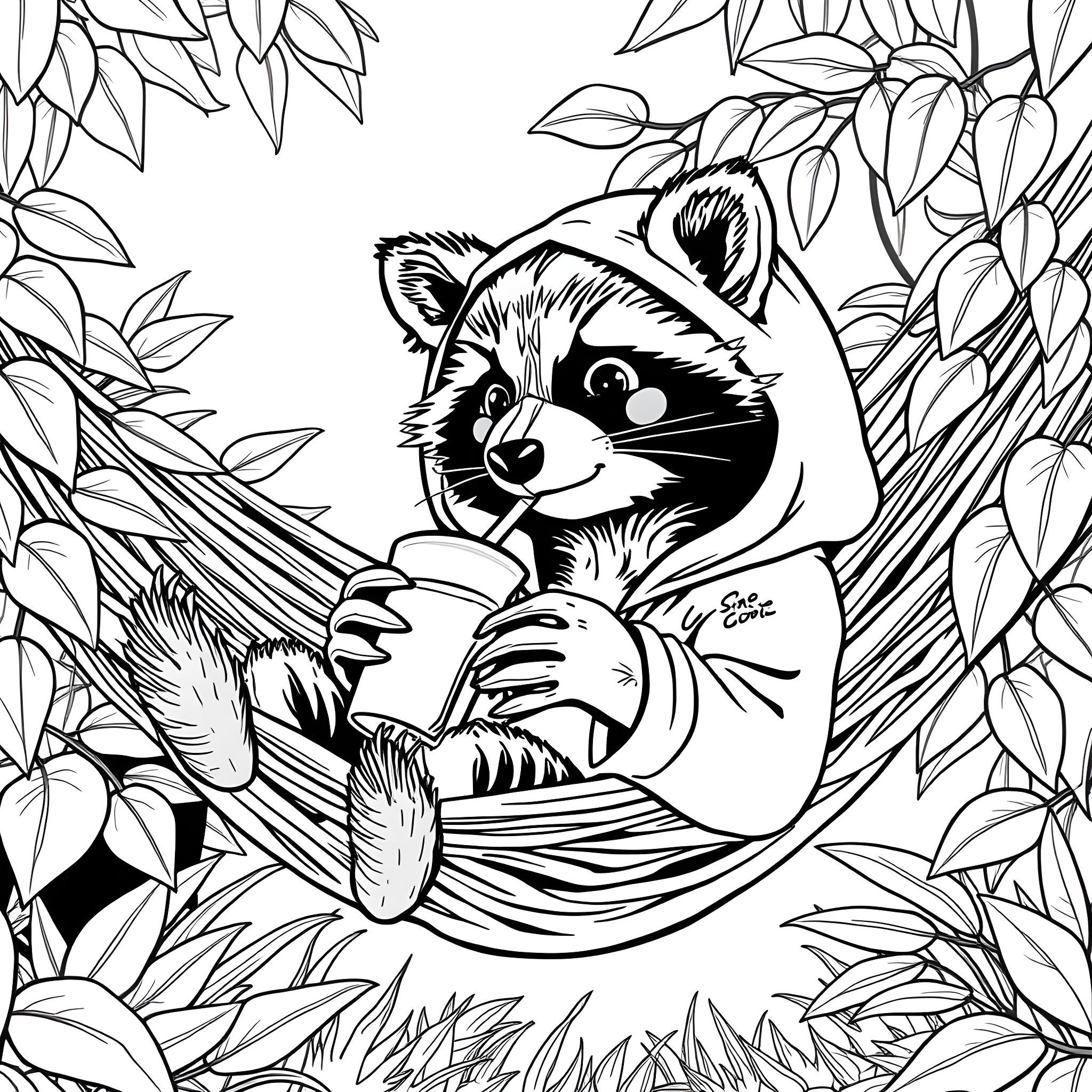 Raccoon exploring the leafy foliage Coloring Page (free black-and-white line drawing printable PDF for all, from beginners to advanced learners, including children, teens, adults, and seniors)
