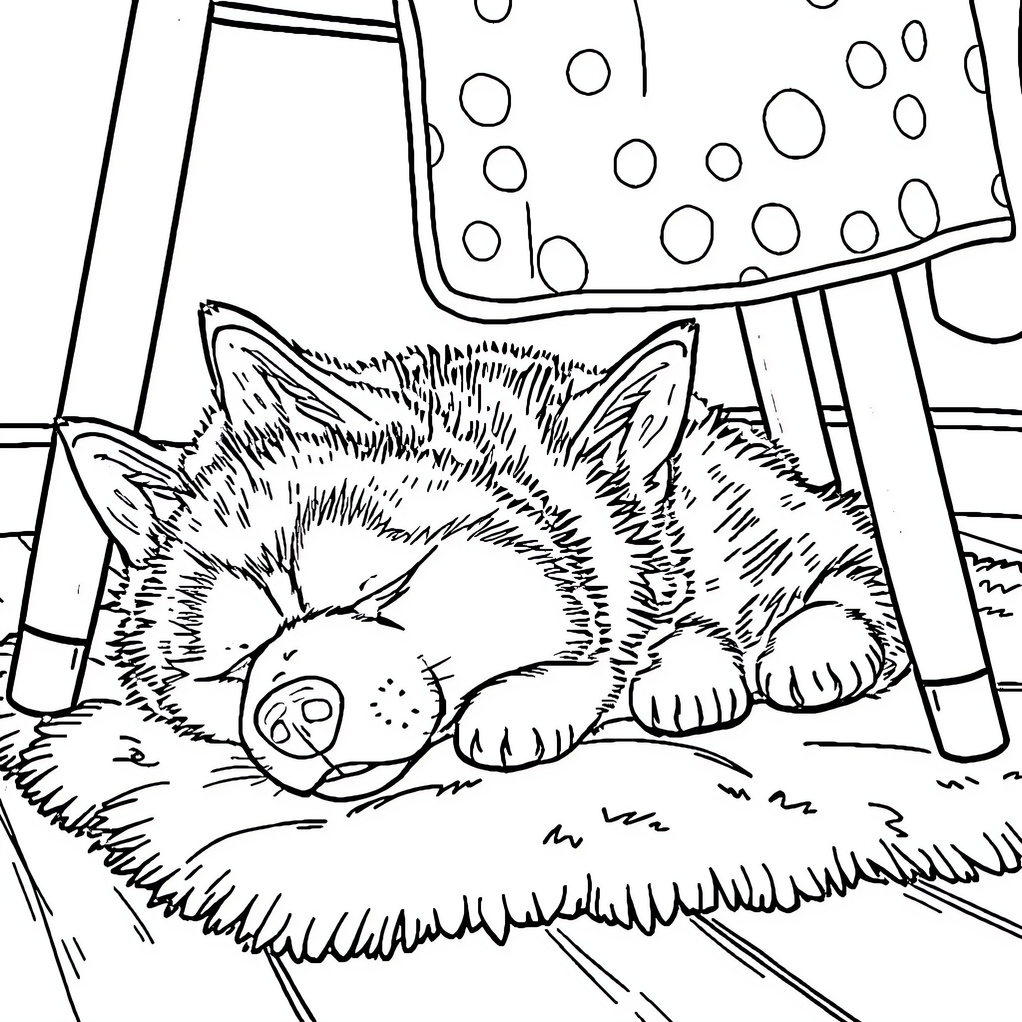 Husky puppy sleeping peacefully under a chair Coloring Page (free black-and-white line drawing printable PDF for all, from beginners to advanced learners, including children, teens, adults, and seniors)
