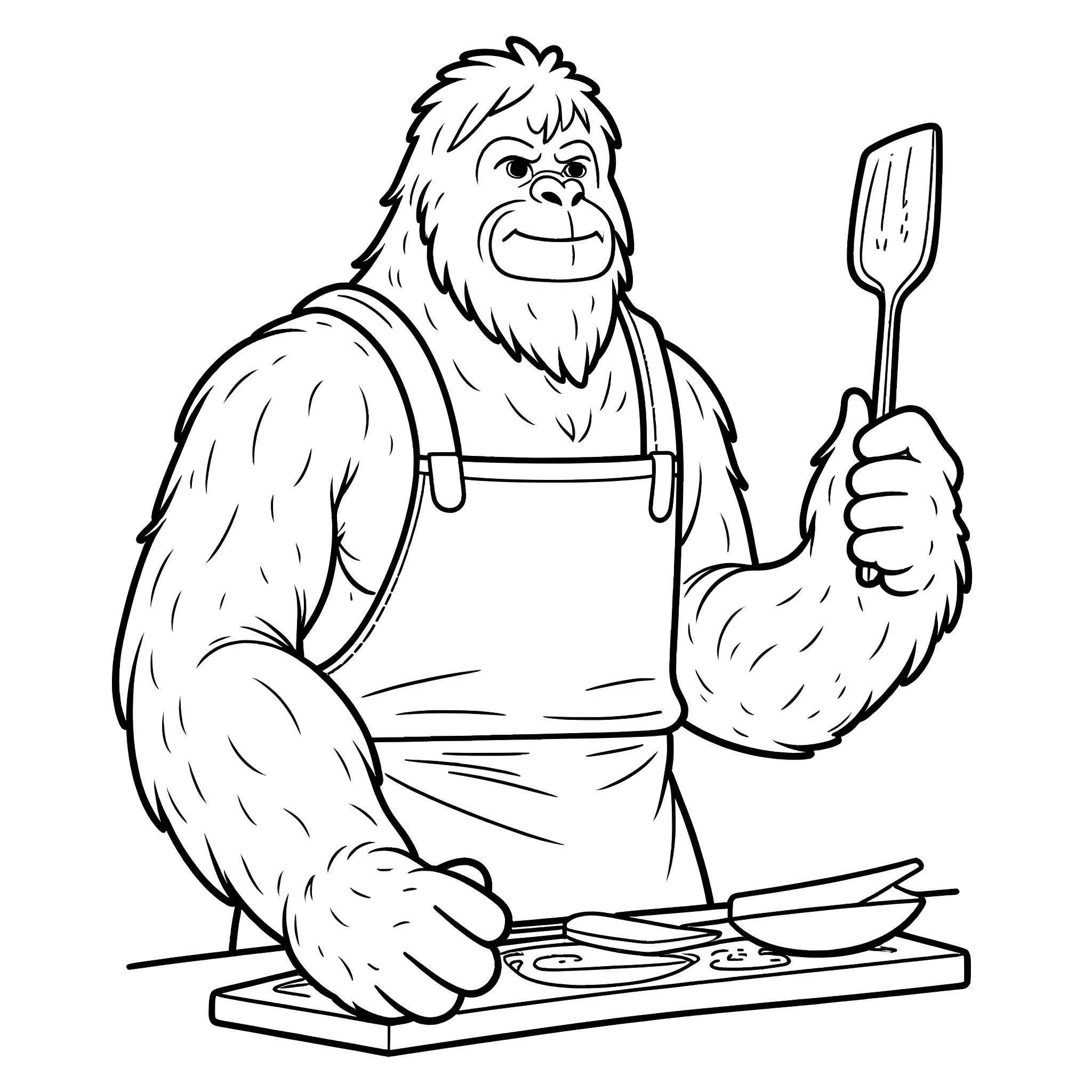 Bigfoot chef cooking happily in the kitchen Coloring Page (free black-and-white line drawing printable PDF for all, from beginners to advanced learners, including children, teens, adults, and seniors)