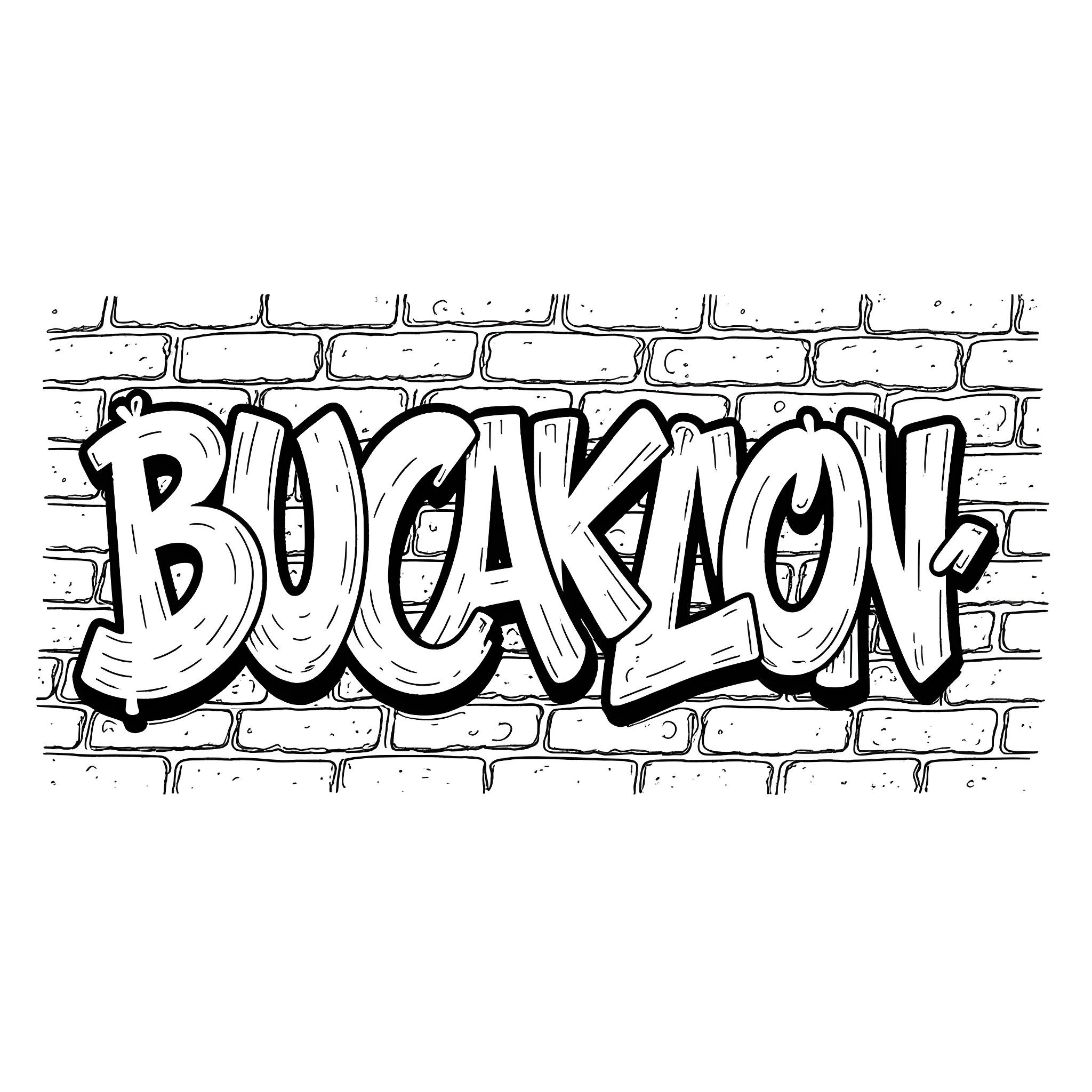 Graffiti featuring bold stylistic text on brick wall Coloring Page (free black-and-white line drawing printable PDF for all, from beginners to advanced learners, including children, teens, adults, and seniors)