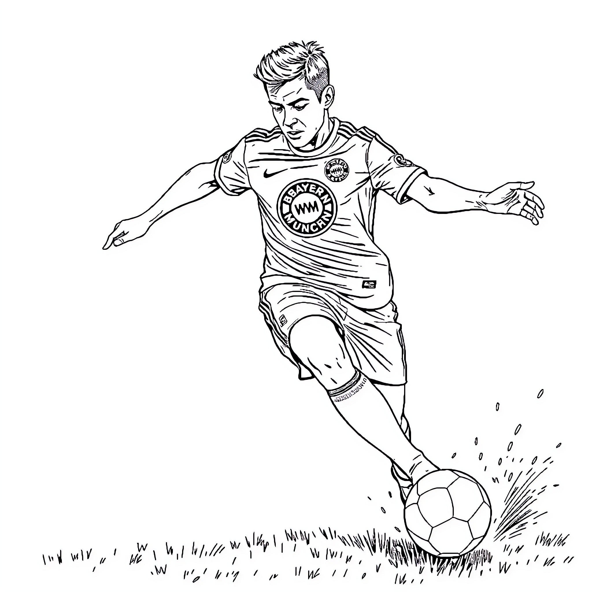 Football Player Kicking Ball on Grassy Field Coloring Page (free black-and-white line drawing printable PDF for all, from beginners to advanced learners, including children, teens, adults, and seniors)