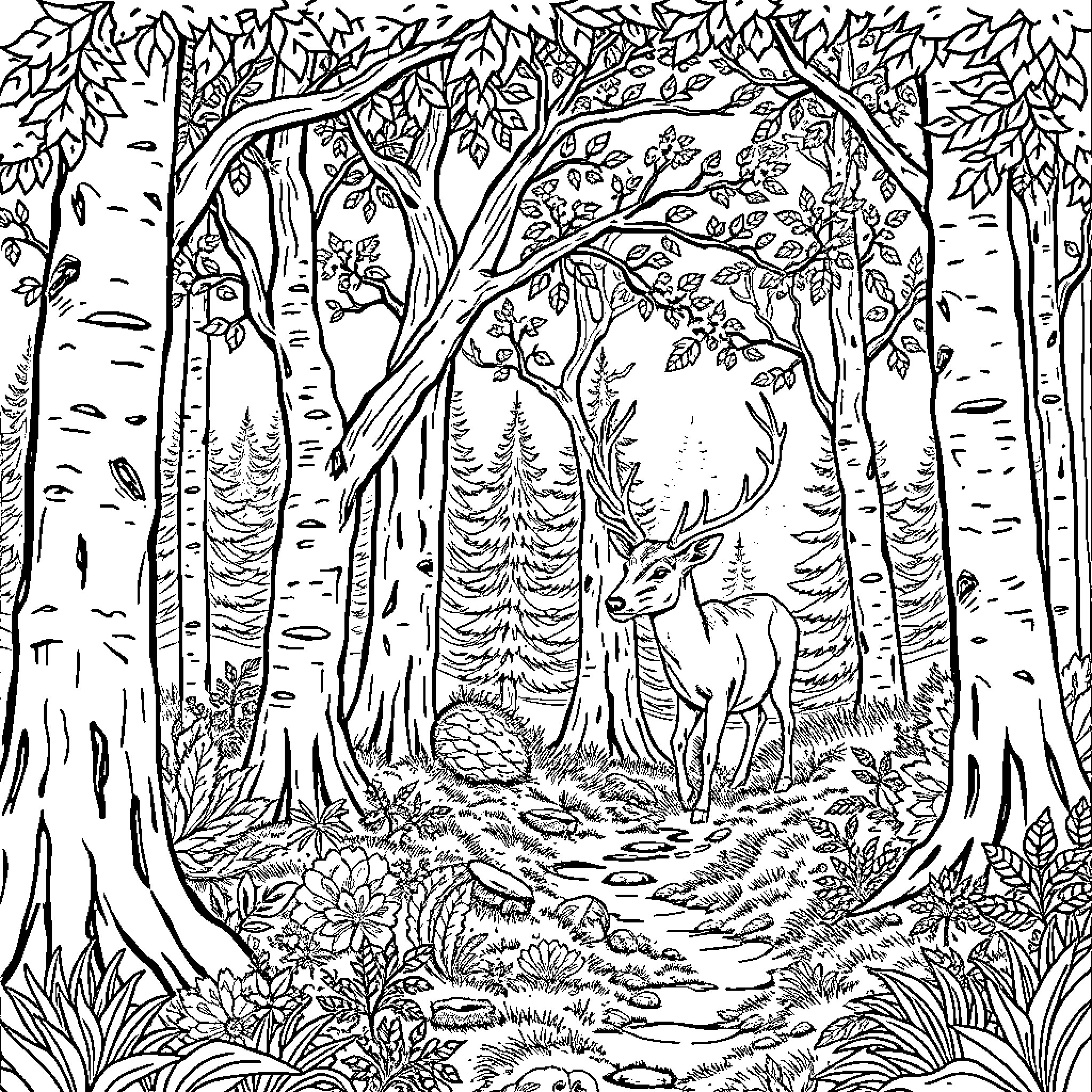 Deer in a Tranquil Forest Scene Coloring Page (free black-and-white line drawing printable PDF for all, from beginners to advanced learners, including children, teens, adults, and seniors)
