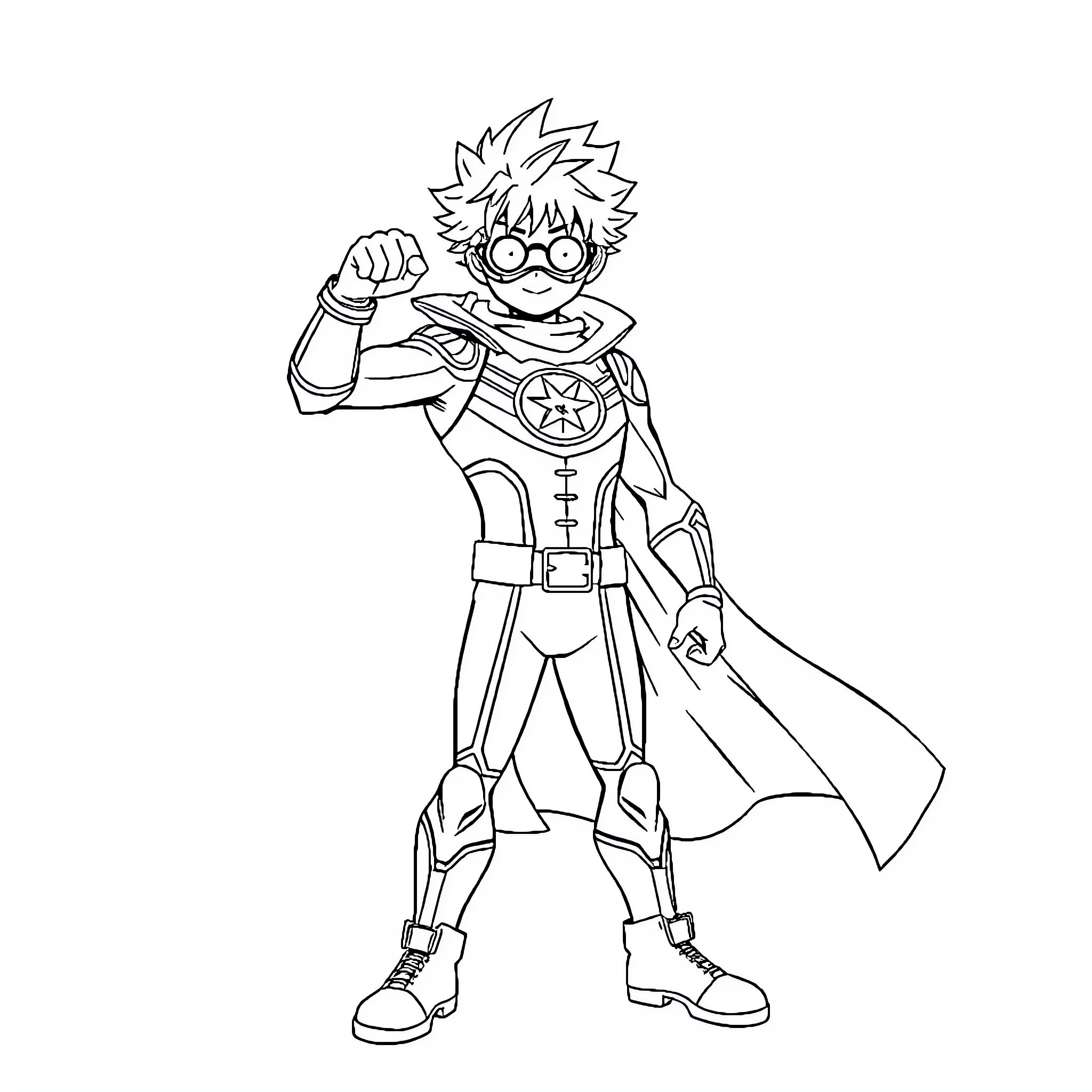 Hero in Heroic Pose in Stylized Outfit Coloring Page (free black-and-white line drawing printable PDF for all, from beginners to advanced learners, including children, teens, adults, and seniors)