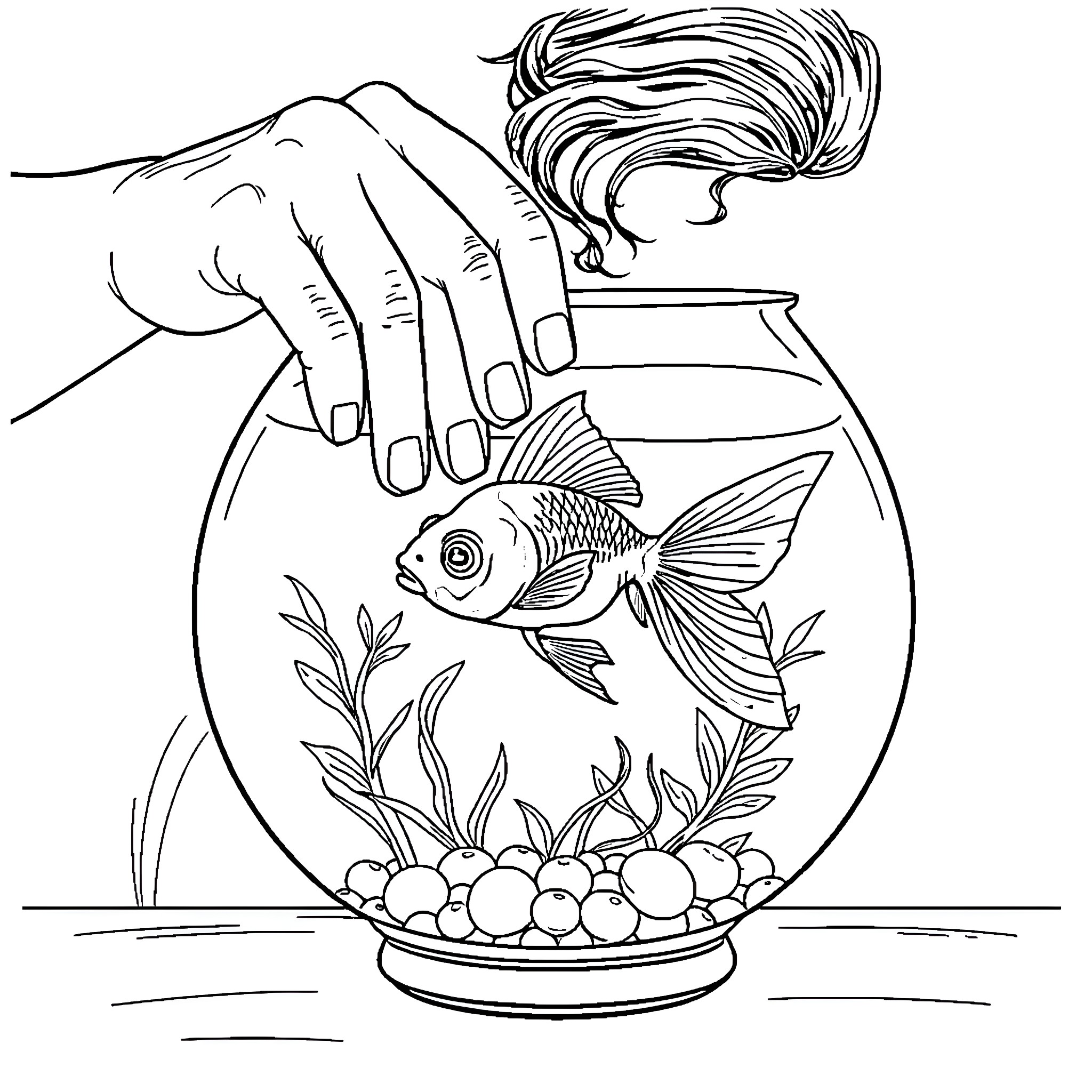 Post Malone sketching a fish in a fishbowl Coloring Page (free black-and-white line drawing printable PDF for all, from beginners to advanced learners, including children, teens, adults, and seniors)