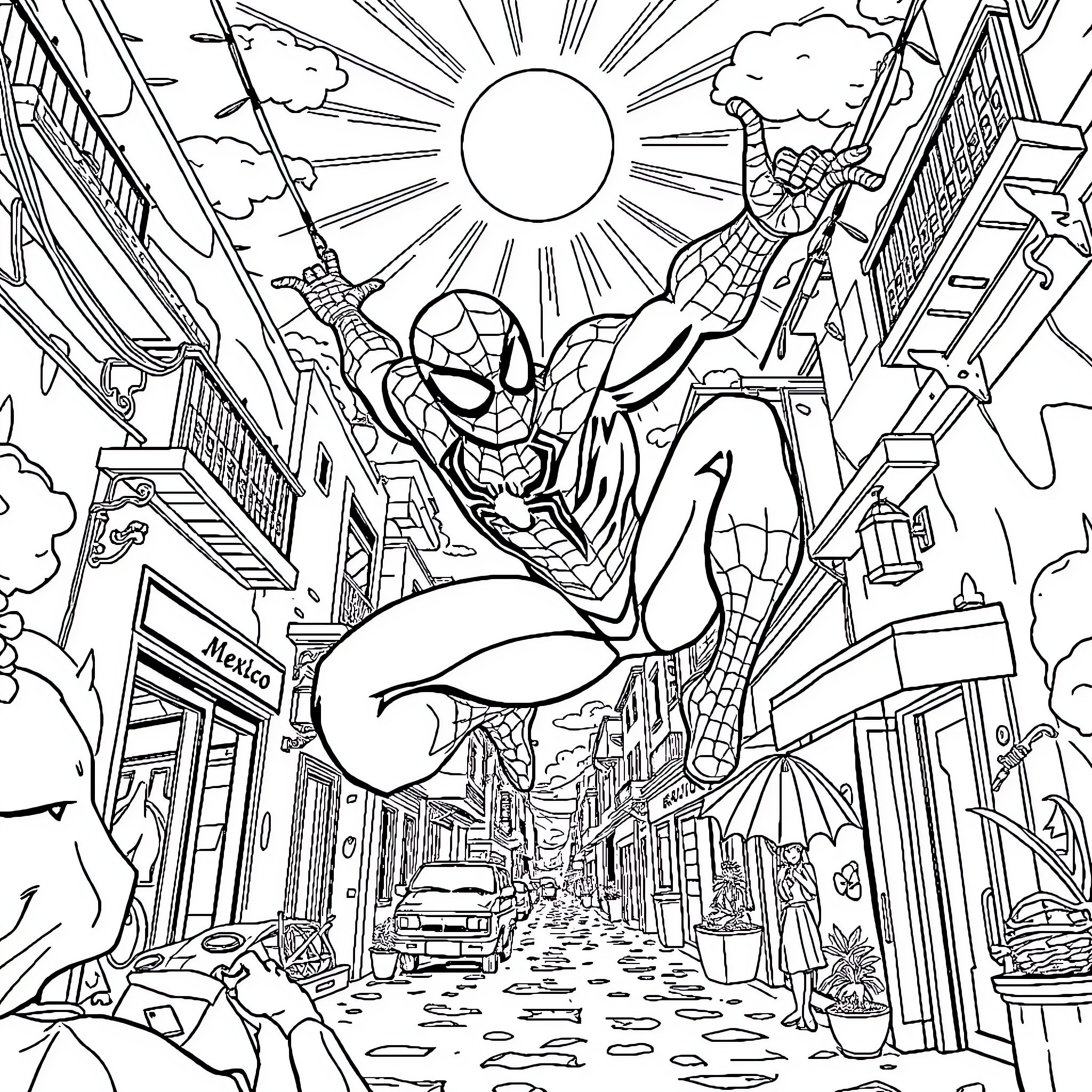 Spiderman swinging through the city streets Coloring Page (free black-and-white line drawing printable PDF for all, from beginners to advanced learners, including children, teens, adults, and seniors)