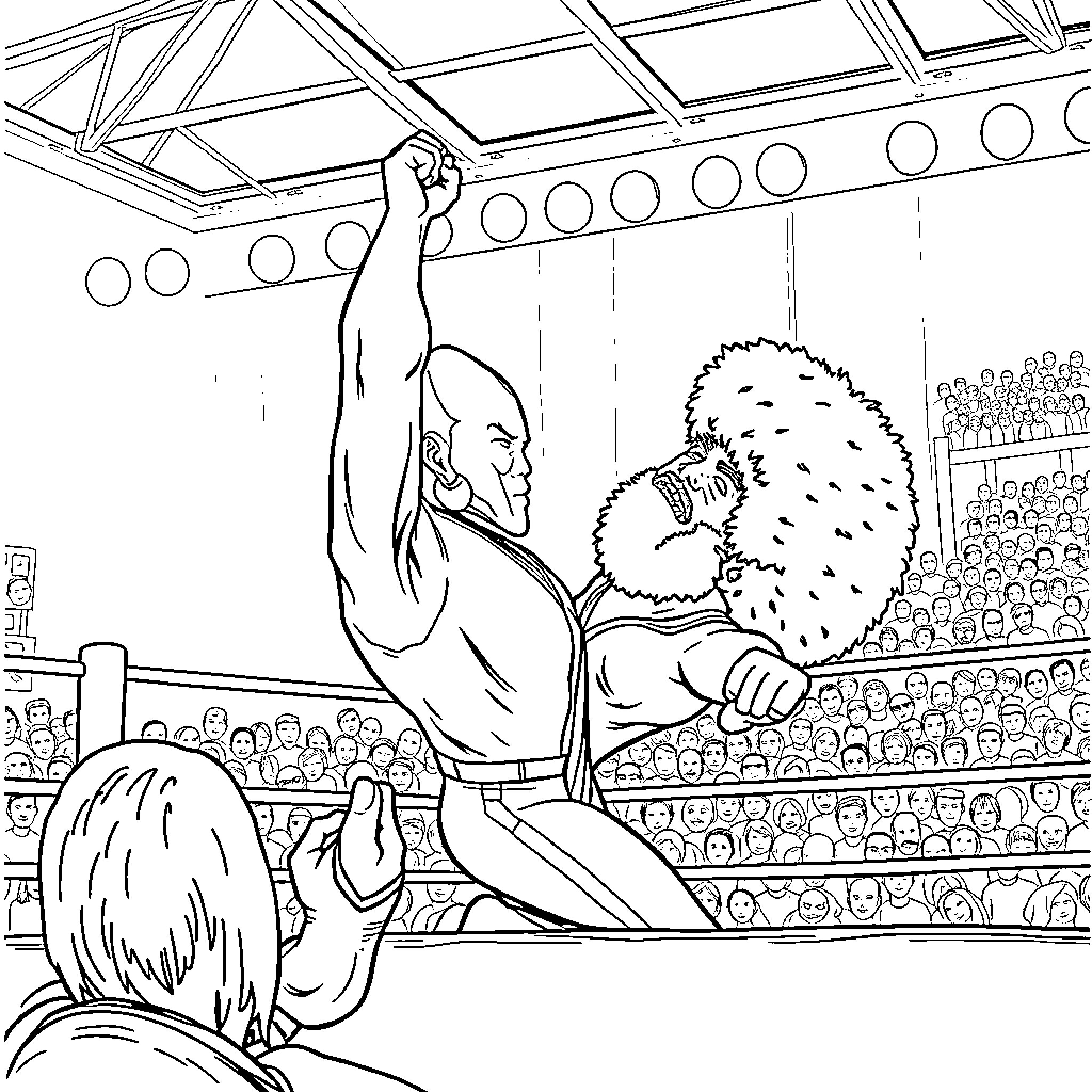 Hulk Hogan wrestling in an intense match in the ring Coloring Page (free black-and-white line drawing printable PDF for all, from beginners to advanced learners, including children, teens, adults, and seniors)