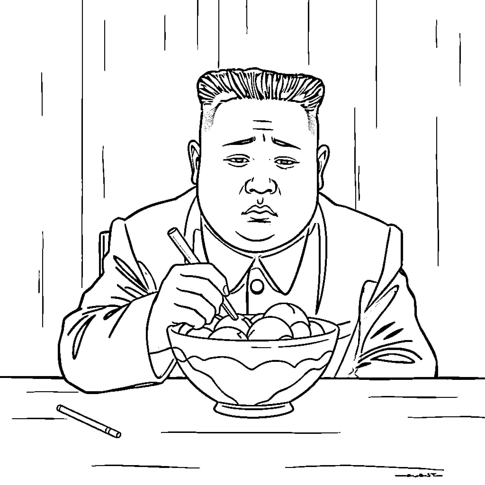 Kim Jong Un enjoying a bowl of food Coloring Page (free black-and-white line drawing printable PDF for all, from beginners to advanced learners, including children, teens, adults, and seniors)