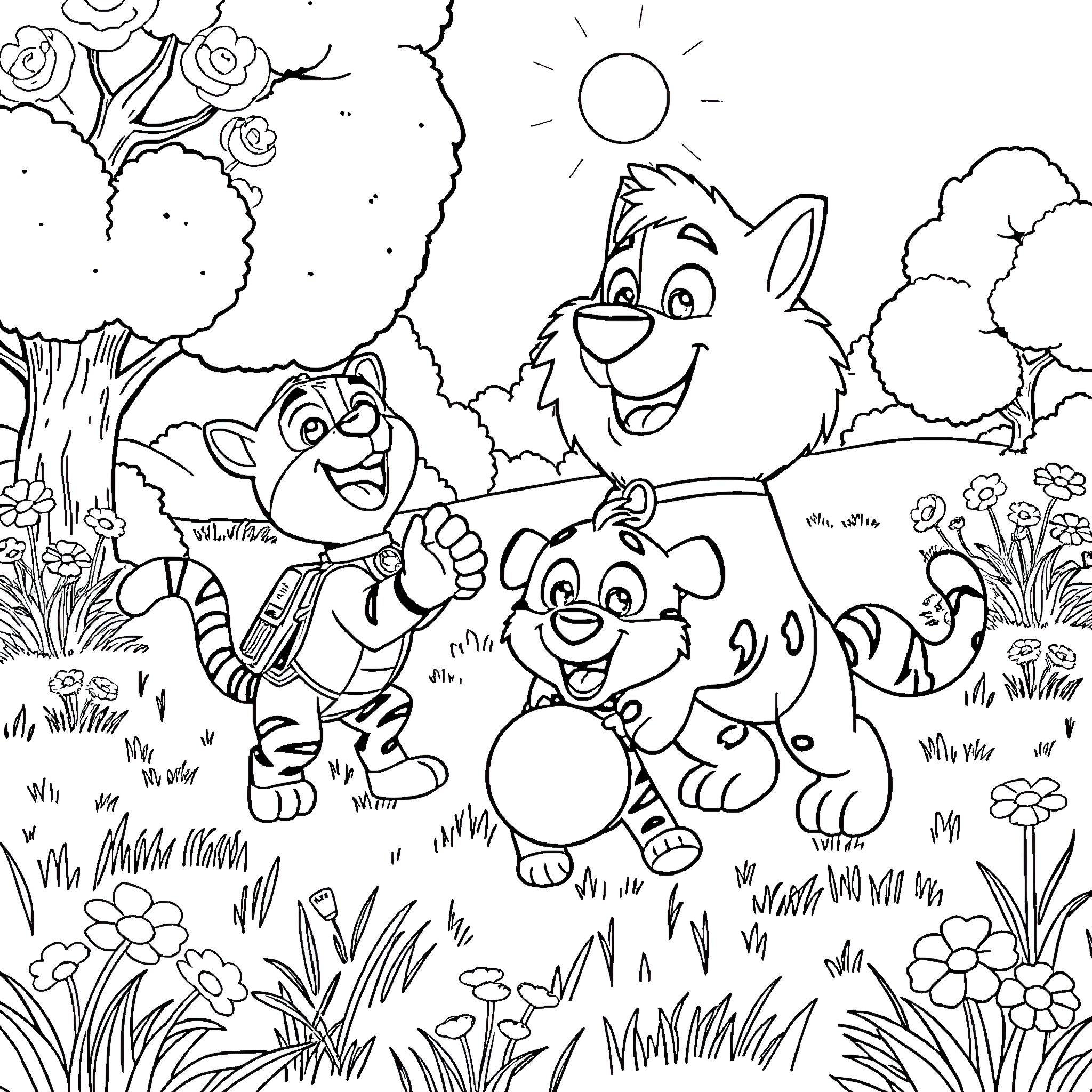 Everest adventure with playful animals Coloring Page (free black-and-white line drawing printable PDF for all, from beginners to advanced learners, including children, teens, adults, and seniors)