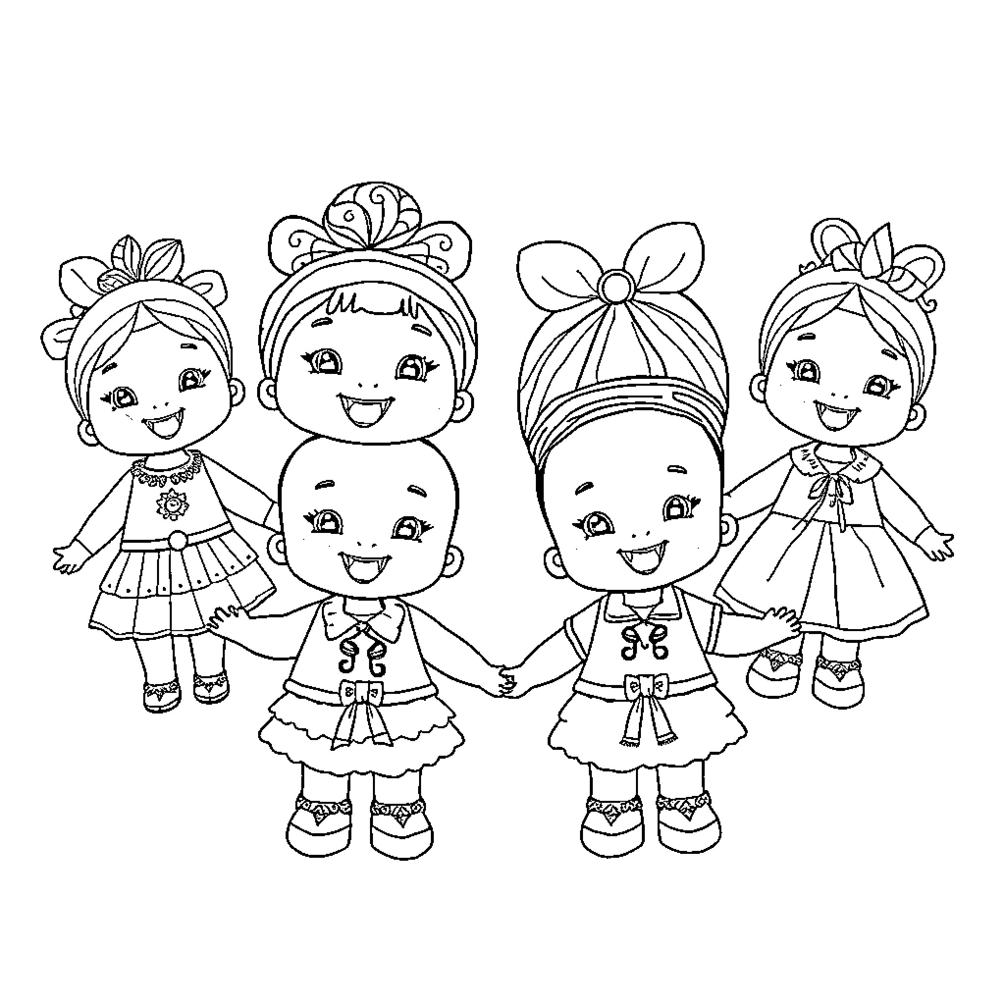 Dress Up Doll Group Smiling in Costumes Coloring Page (free black-and-white line drawing printable PDF for all, from beginners to advanced learners, including children, teens, adults, and seniors)
