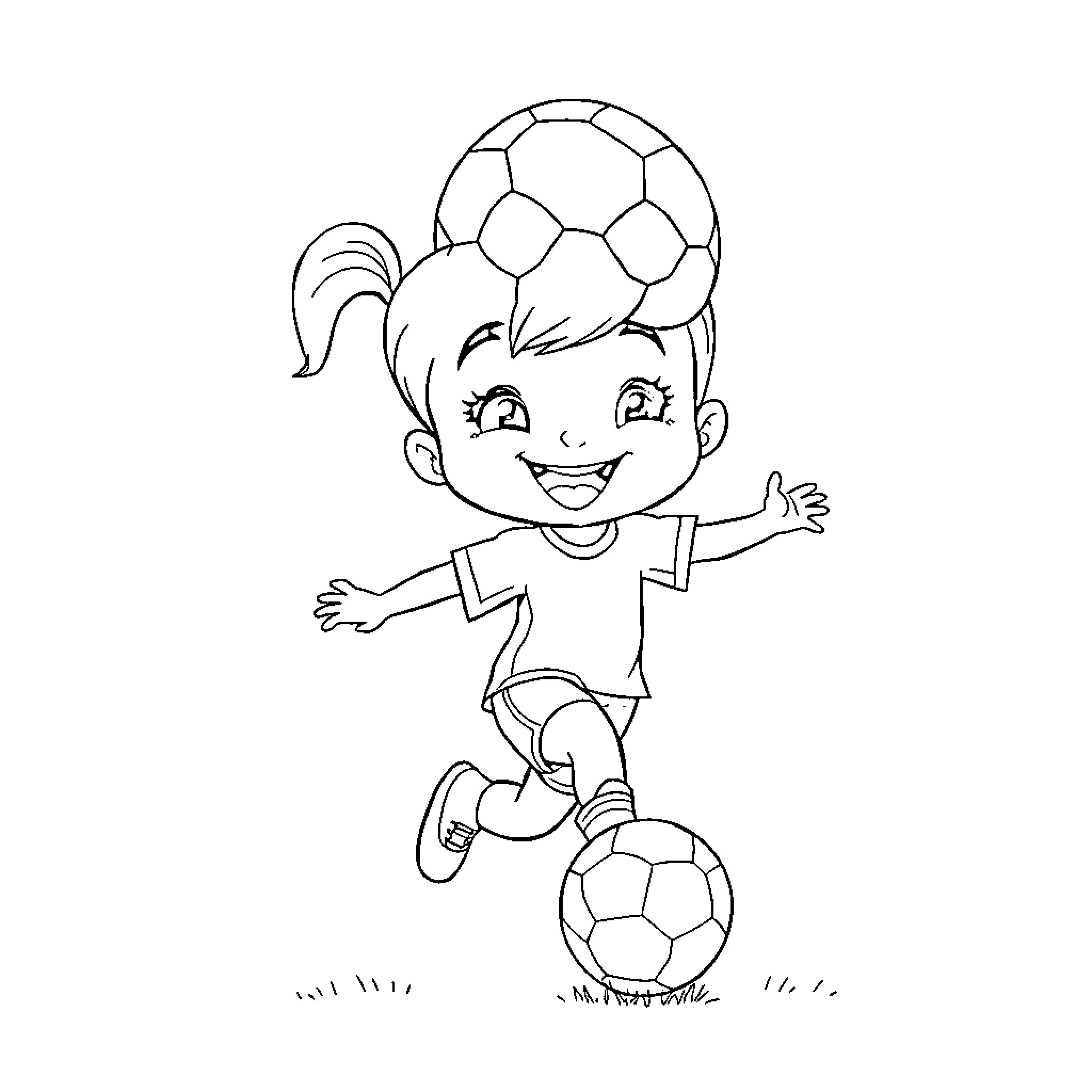 Bluey playing with soccer ball happily Coloring Page (free black-and-white line drawing printable PDF for all, from beginners to advanced learners, including children, teens, adults, and seniors)