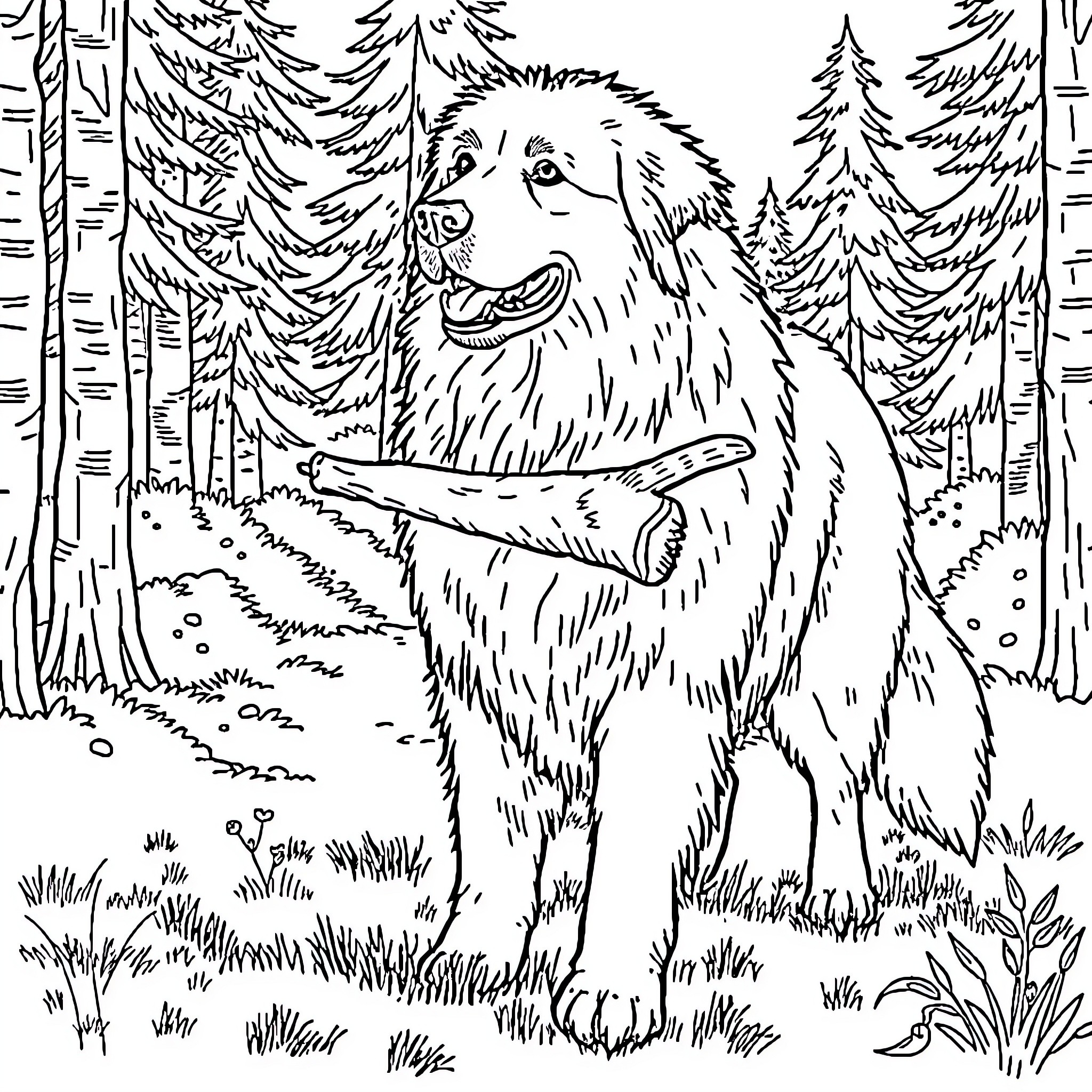 Dog exploring the peaceful forest Coloring Page (free black-and-white line drawing printable PDF for all, from beginners to advanced learners, including children, teens, adults, and seniors)