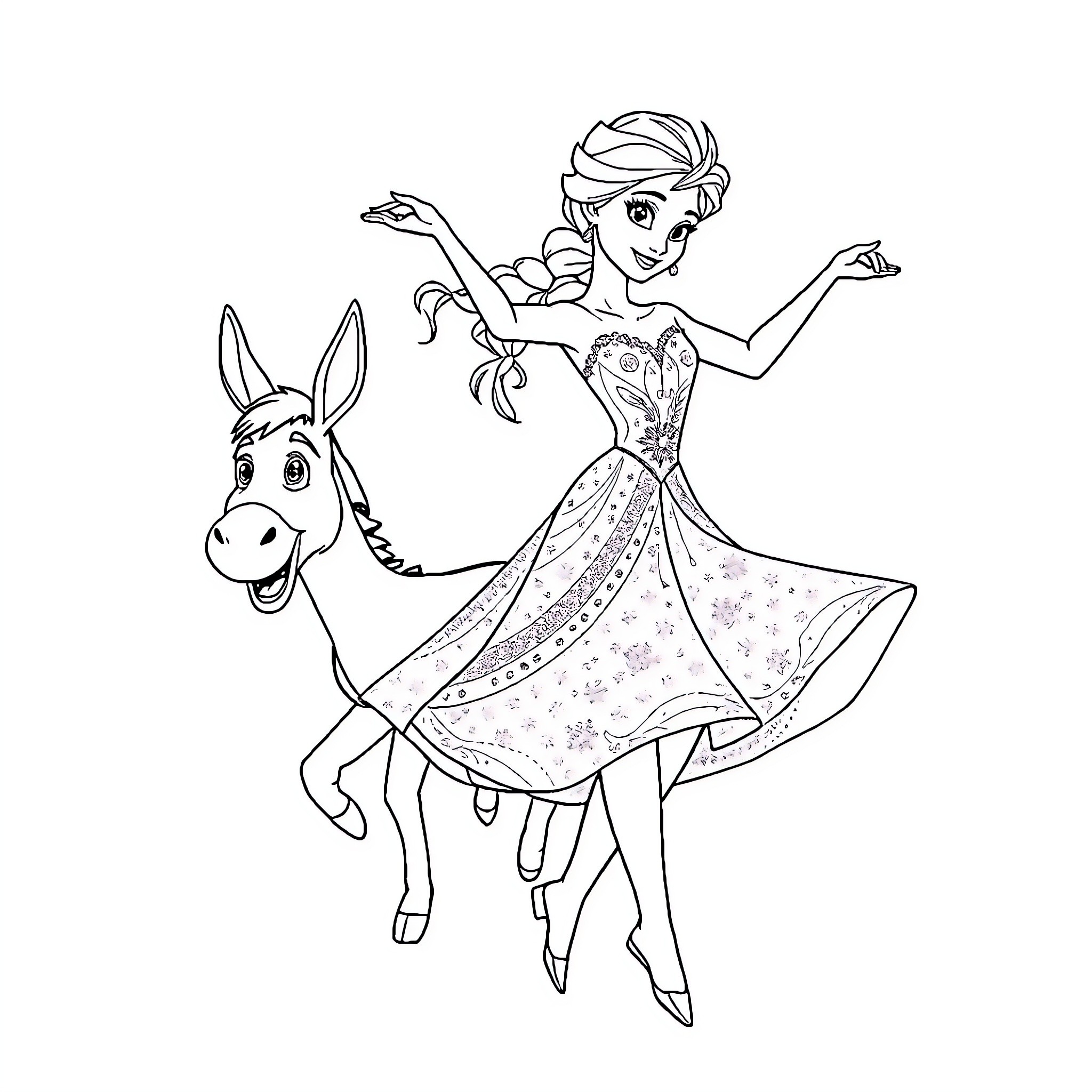 Elsa dancing joyfully with her companion donkey Coloring Page (free black-and-white line drawing printable PDF for all, from beginners to advanced learners, including children, teens, adults, and seniors)