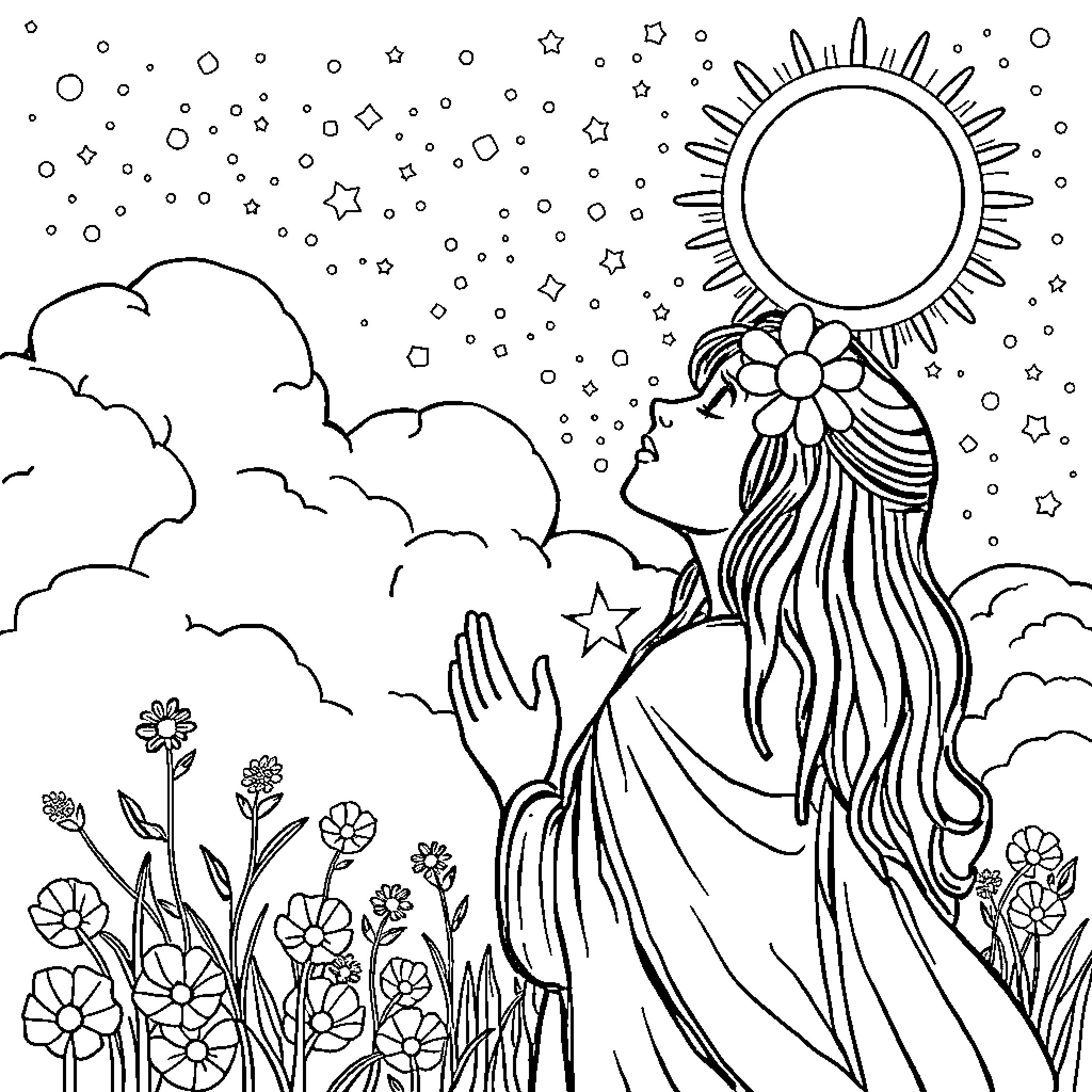 Inspiration of Serene Nature Appreciation Coloring Page (free black-and-white line drawing printable PDF for all, from beginners to advanced learners, including children, teens, adults, and seniors)