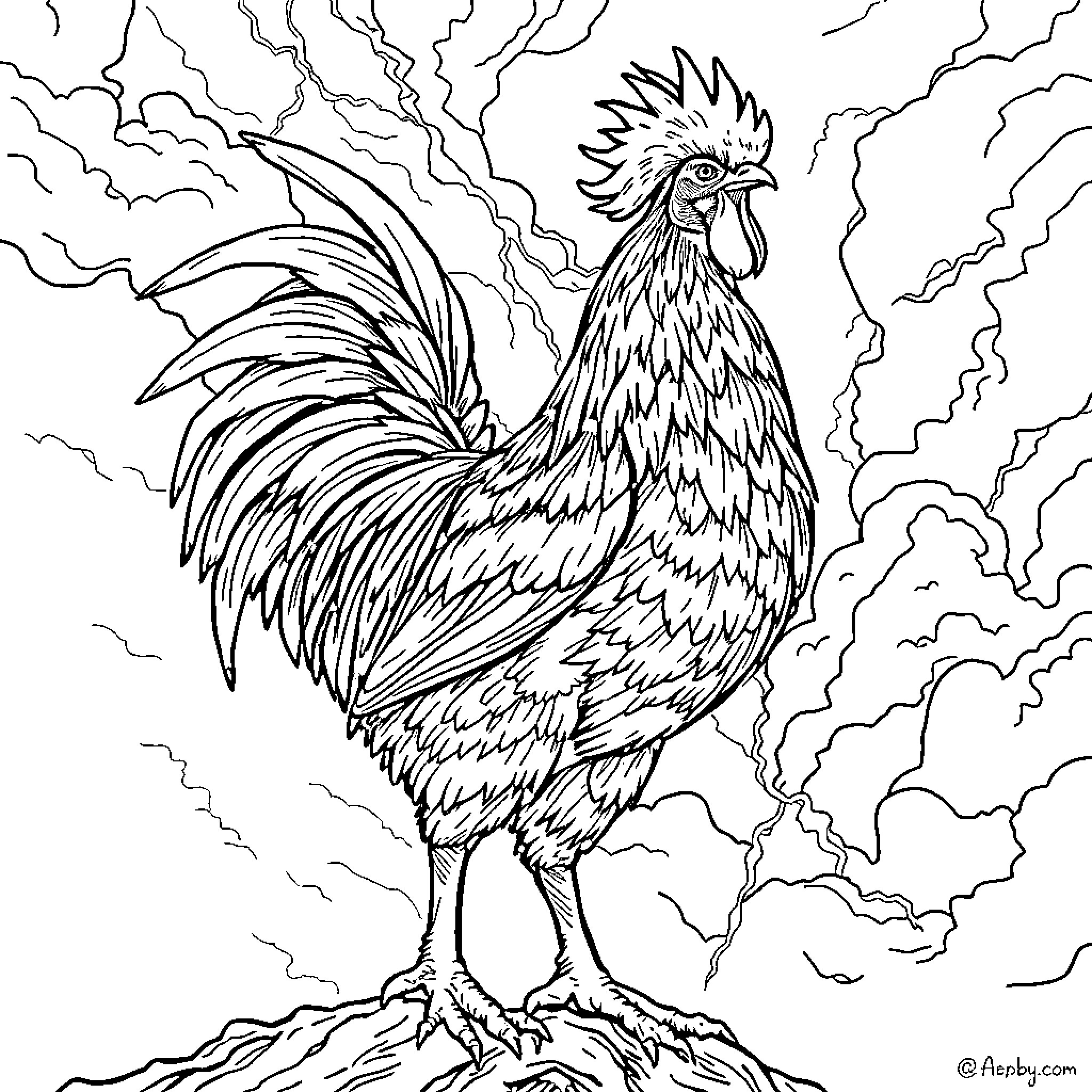 Thunder Chicken strutting amidst the lightning Coloring Page (free black-and-white line drawing printable PDF for all, from beginners to advanced learners, including children, teens, adults, and seniors)