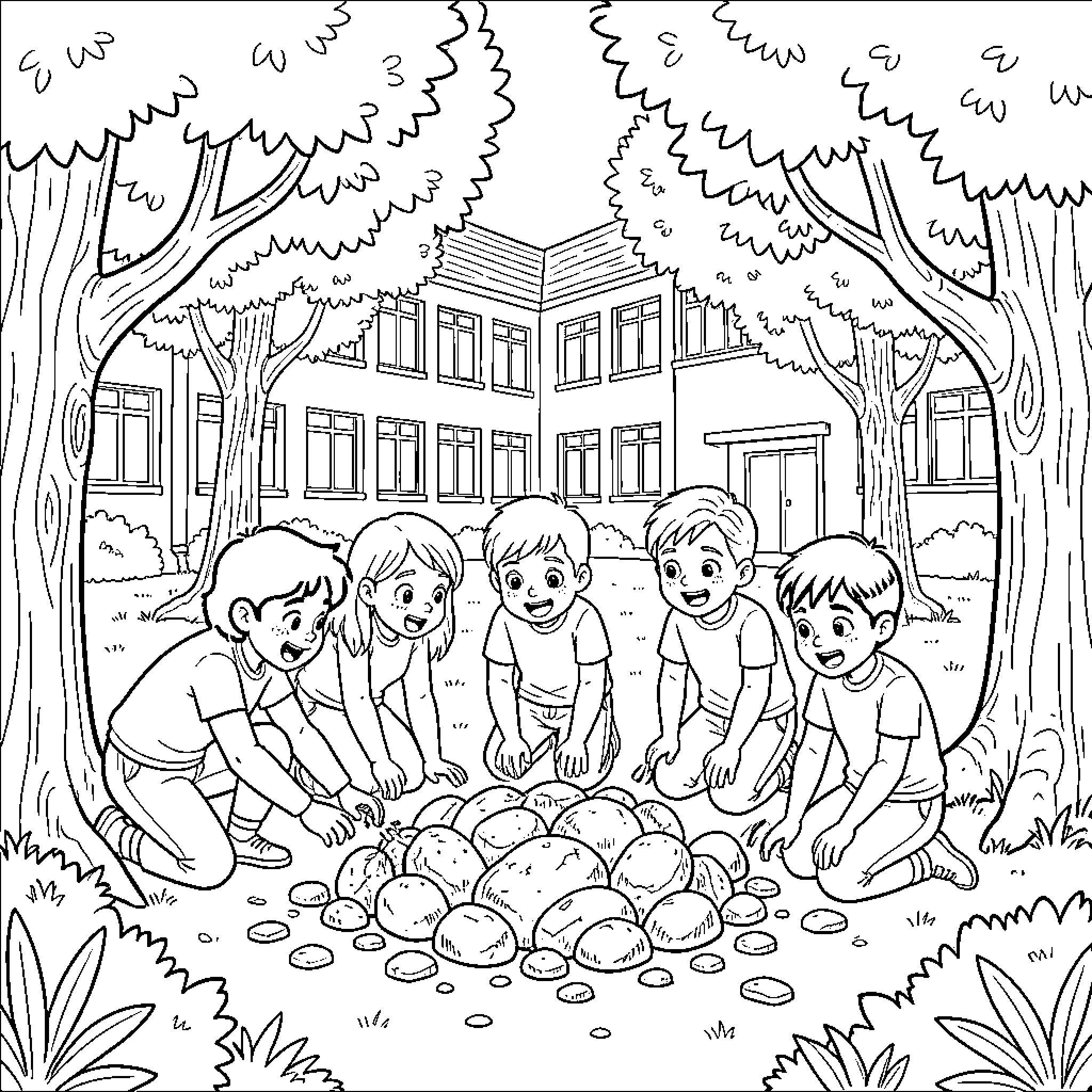 Alumne playing in the schoolyard during recess Coloring Page (free black-and-white line drawing printable PDF for all, from beginners to advanced learners, including children, teens, adults, and seniors)