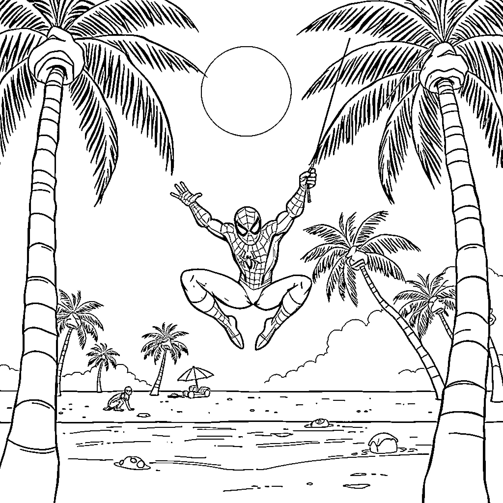 Spiderman swinging through a tropical beach scene Coloring Page (free black-and-white line drawing printable PDF for all, from beginners to advanced learners, including children, teens, adults, and seniors)